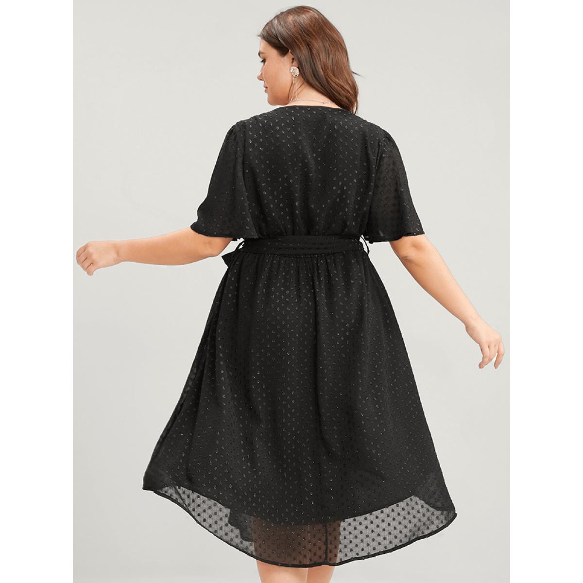 Plus Size Glitter Polka Dot V Neck Pocket Belted Ruffles Hem Dress Black Women Glamour Asymmetrical V-neck Short sleeve Curvy Midi Dress BloomChic 30/6X Product Image