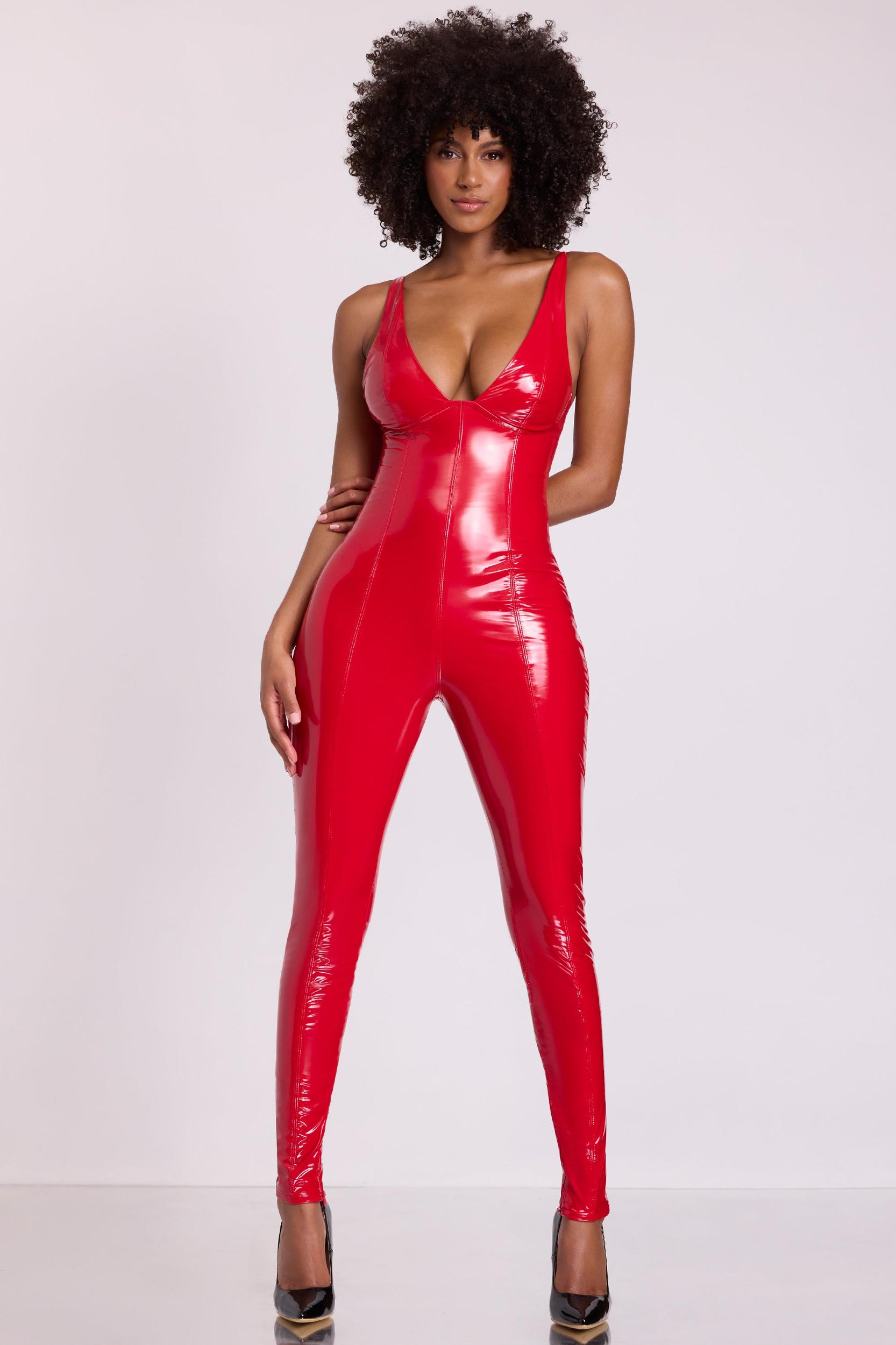 Vinyl Plunge Neck Catsuit in Fire Red Product Image