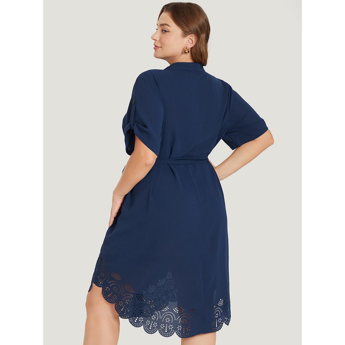 Plus Size Solid Cuffed Sleeve Button Up Belted Laser Cut Arc Hem Dress DarkBlue Women Office Belted Notched collar Short sleeve Curvy Knee Dress BloomChic 22-24/3X Product Image