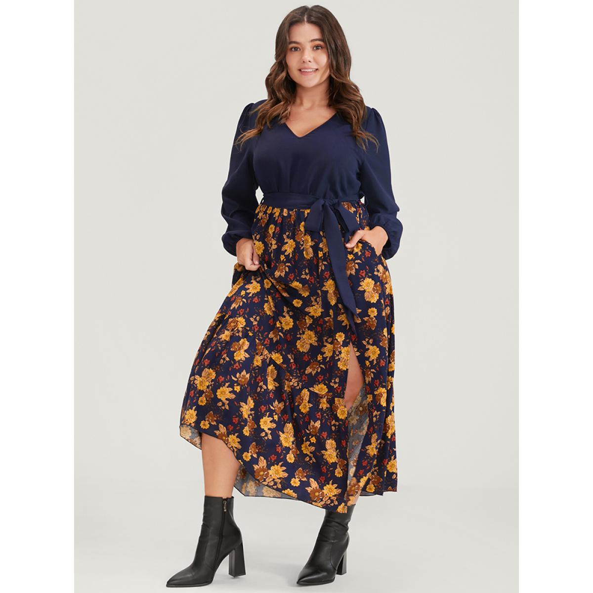 Plus Size Floral Split Lantern Sleeve Pocket Flutter Belted Dress Navy Women Elegant Printed V-neck Long Sleeve Curvy Midi Dress BloomChic 12/L Product Image