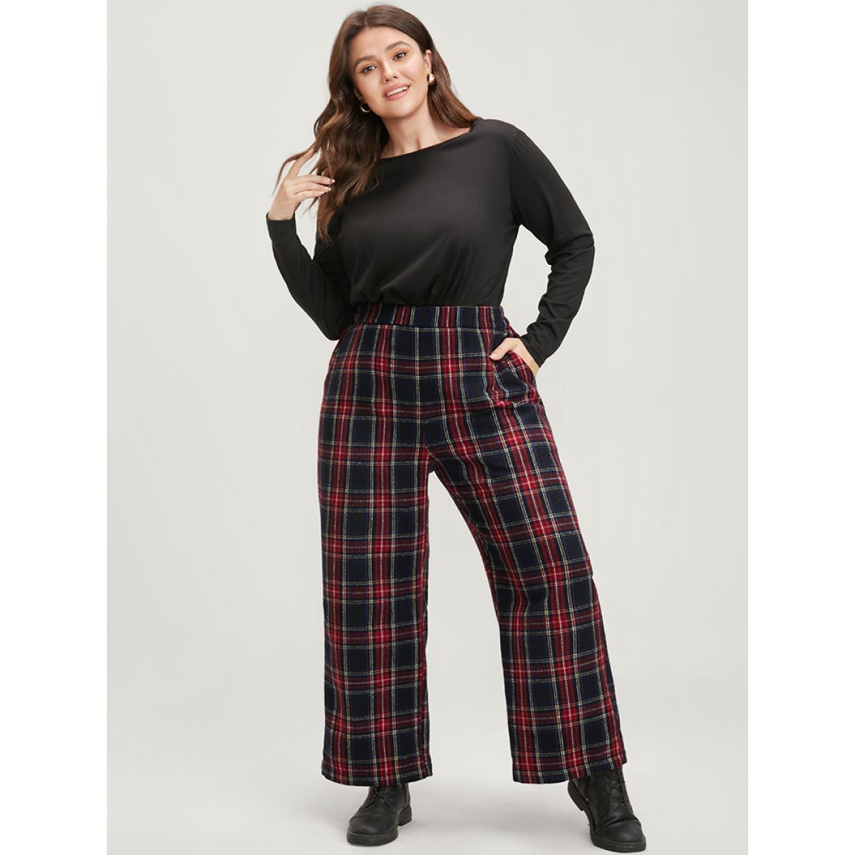Plus Size Plaid Elastic Waist Pocket High Rise Pants Women Black Elegant High Rise Dailywear Pants BloomChic 28/5X Product Image