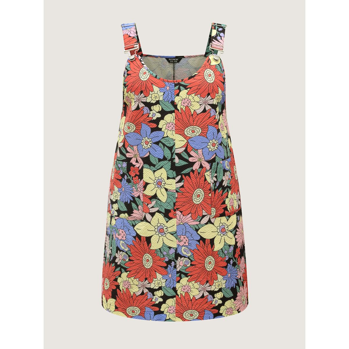 Plus Size Floral Print Textured Overall Straps Dress Multicolor Women Playful Round Neck Sleeveless Curvy BloomChic 28/5X Product Image