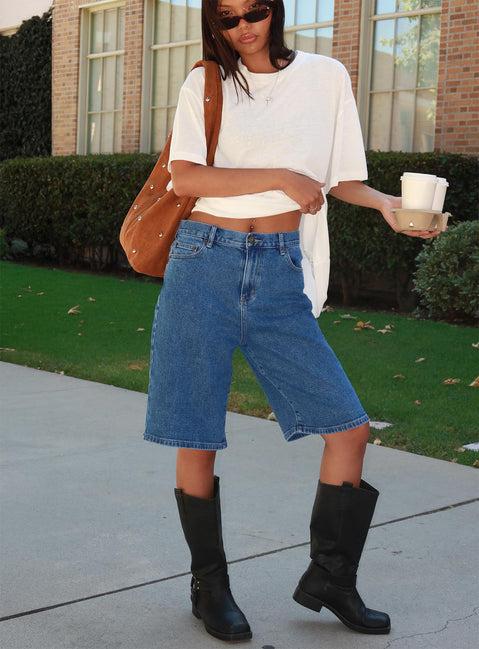 Retro Dream Mid Rise Longline Denim Shorts Mid Wash Product Image