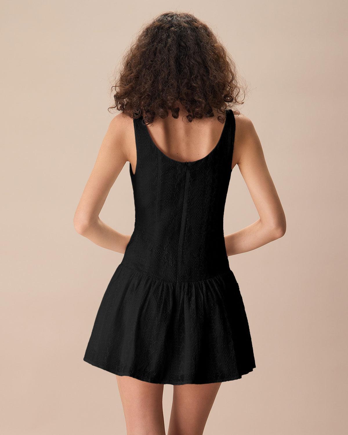 Women's Black Boat Neck Jacquard Cotton Mini Dress Female Product Image
