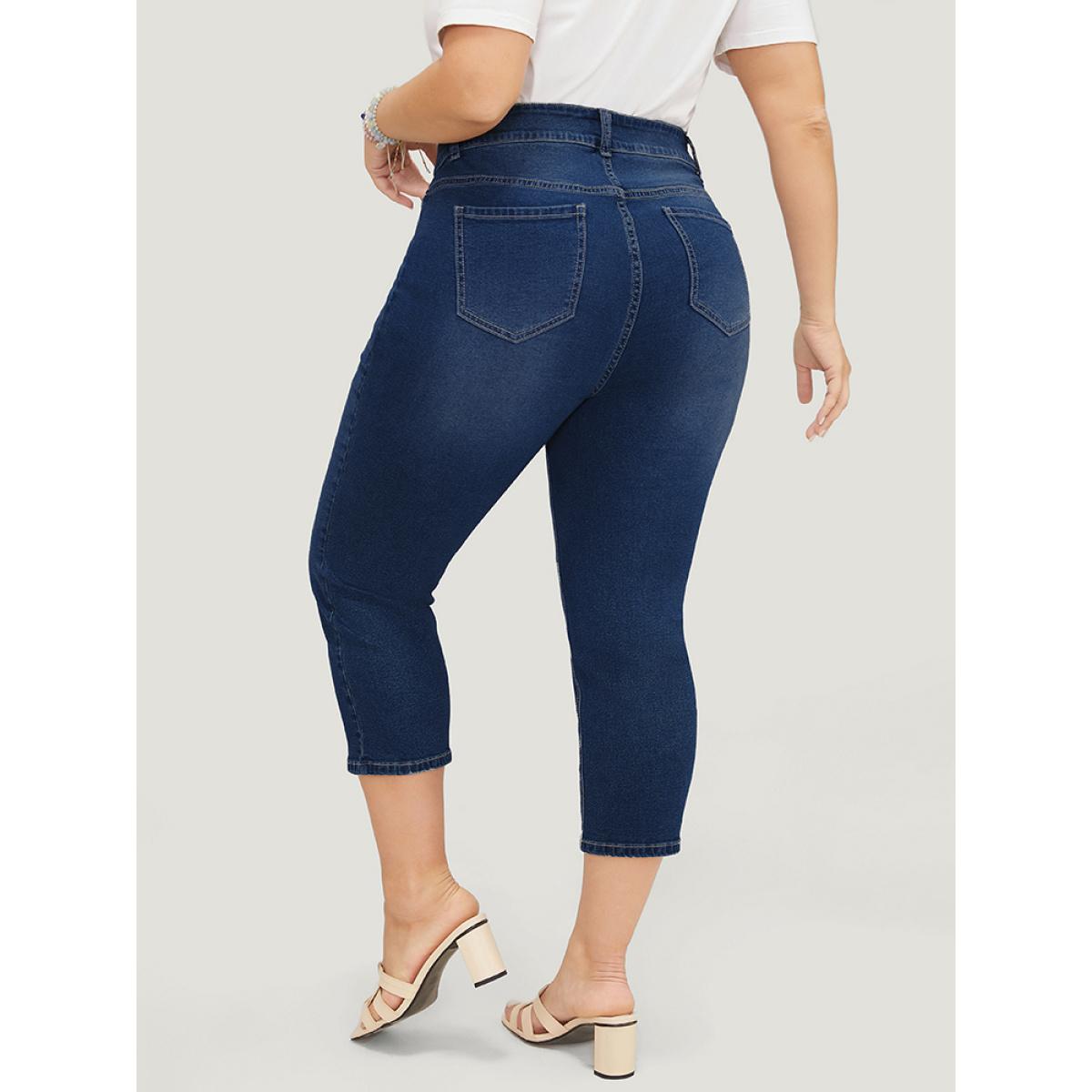 Plus Size Skinny Very Stretchy High Rise Medium Wash Cropped Jeans Women DarkBlue Casual Plain High stretch Side seam pocket Jeans BloomChic 30/6X Product Image