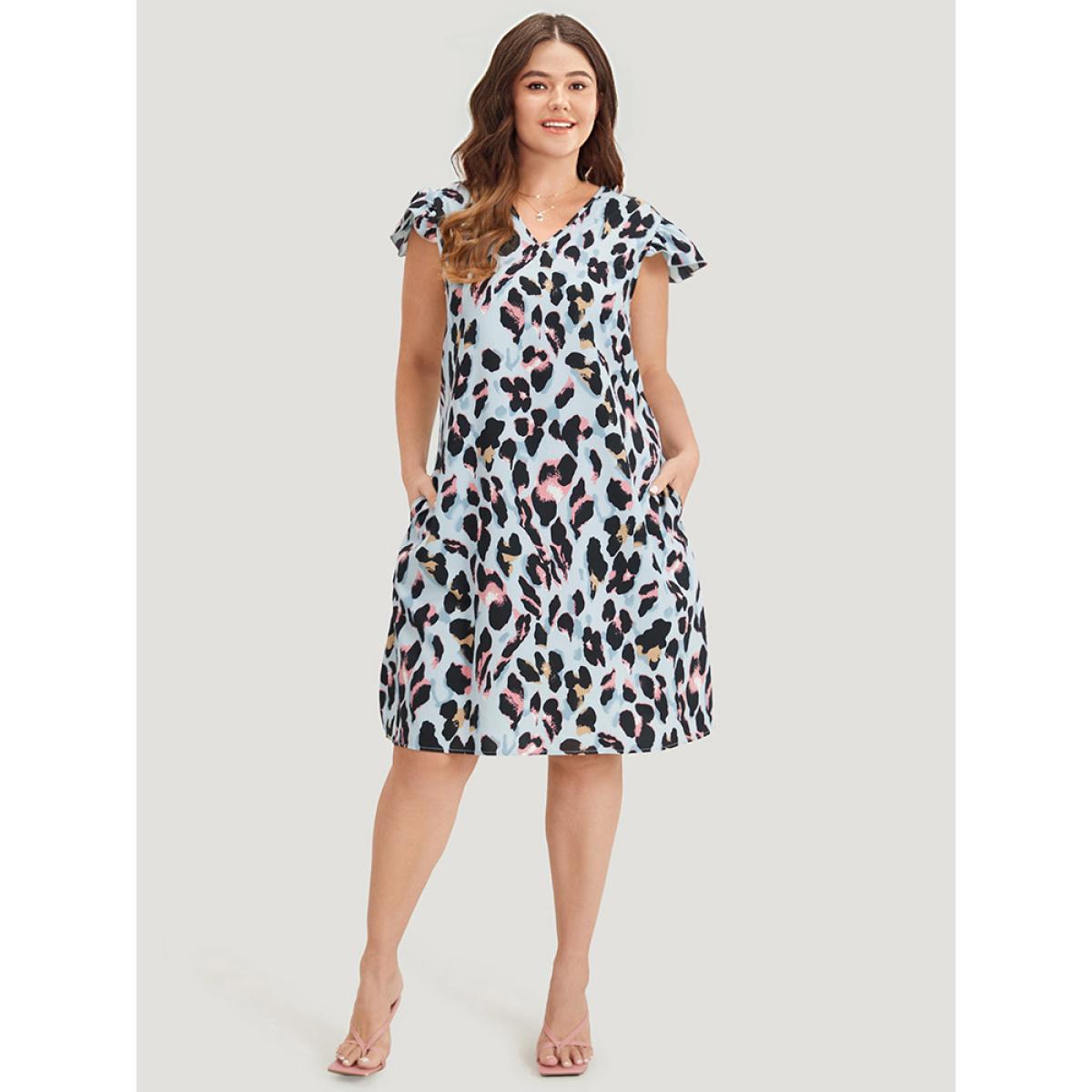 Plus Size Colour Leopard Print Pocket Ruffle Cap Sleeve Dress LightBlue Women Elegant V-neck Cap Sleeve Curvy Knee Dress BloomChic 18-20/2X Product Image
