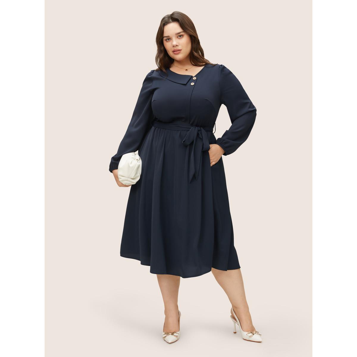 Plus Size Anti-Wrinkle Asymmetrical Neck Button Detail Dress Indigo Women At the Office Non Asymmetrical Neck Long Sleeve Curvy Midi Dress BloomChic 14-16/1X Product Image