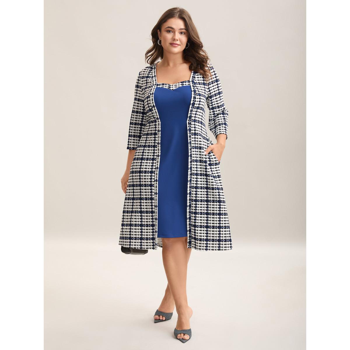 Plus Size Houndstooth Print Waist-Cinched Patchwork Midi Dress Mediumblue Women At the Office Patchwork Knit Dresses Bloomchic 22-24/3X Product Image