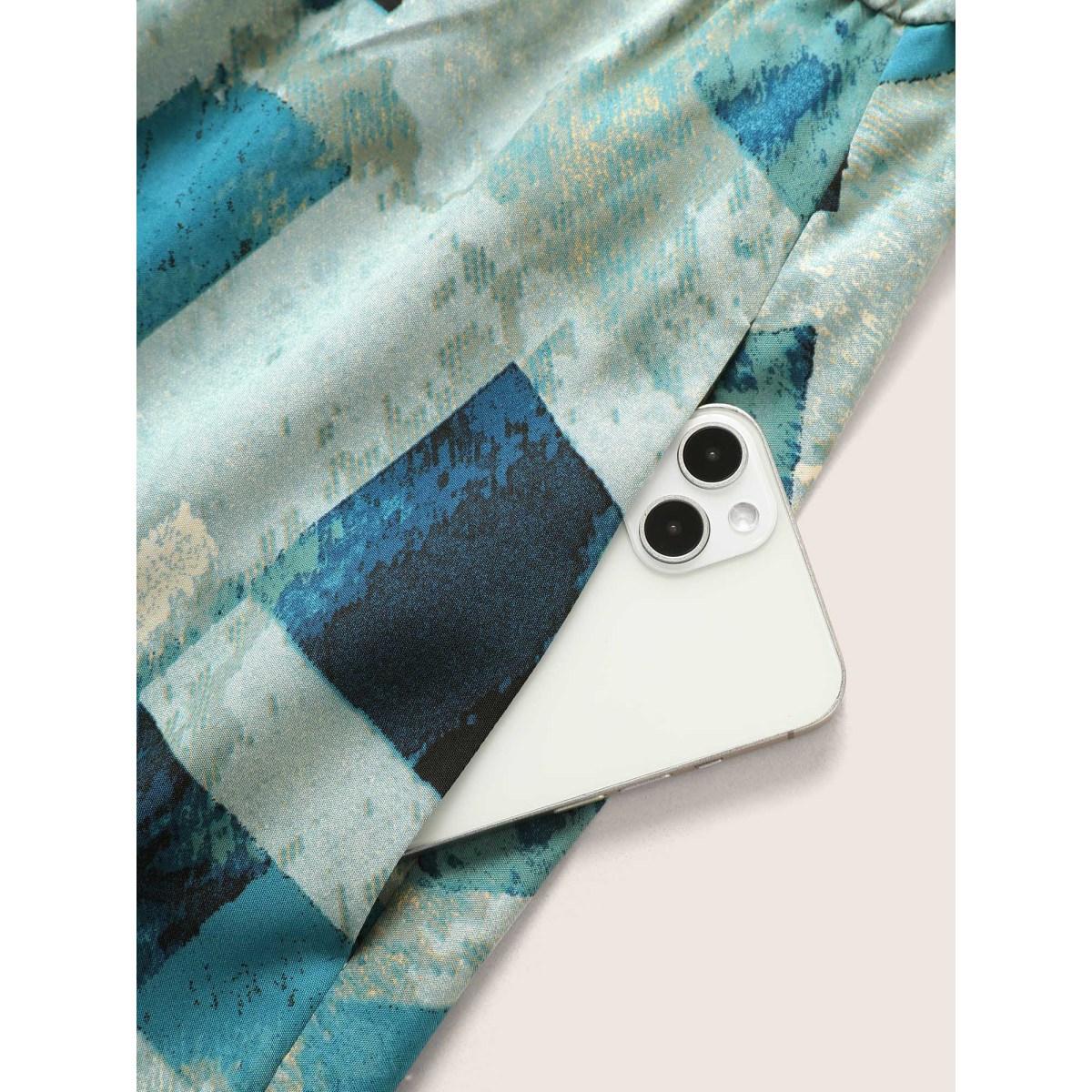 Plus Size Geometric Dolman Sleeve Curved Hem Dress Teal Women At the Office Belted Round Neck Short sleeve Curvy BloomChic 18-20/2X Product Image