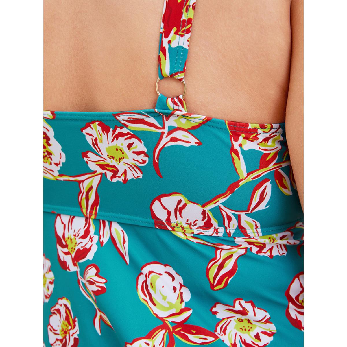 Plus Size Floral Adjustable Straps Knotted Ruched Ruffle Tiered Swim Dress Women's Swimwear Cerulean Vacation Bodycon V-neck High stretch Curve Swim Dresses BloomChic 26/4X Product Image