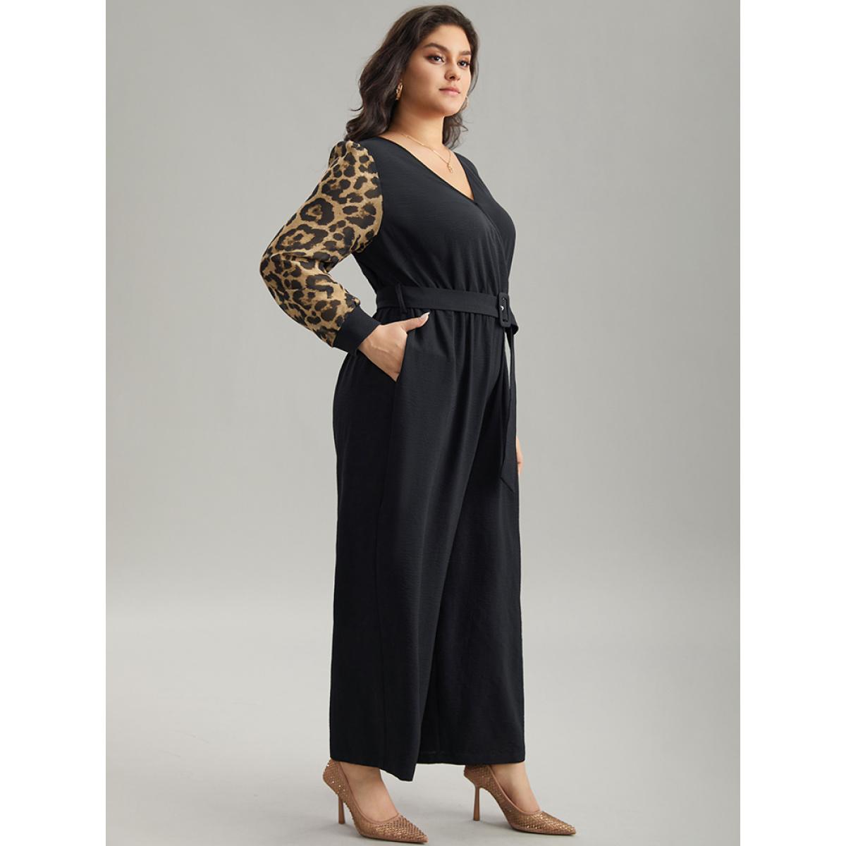 Plus Size Black Leopard Patchwork Wrap Buckle Detail Belted Jumpsuit Women Glamour Long Sleeve V-neck Going out Loose Jumpsuits BloomChic 28/5X Product Image