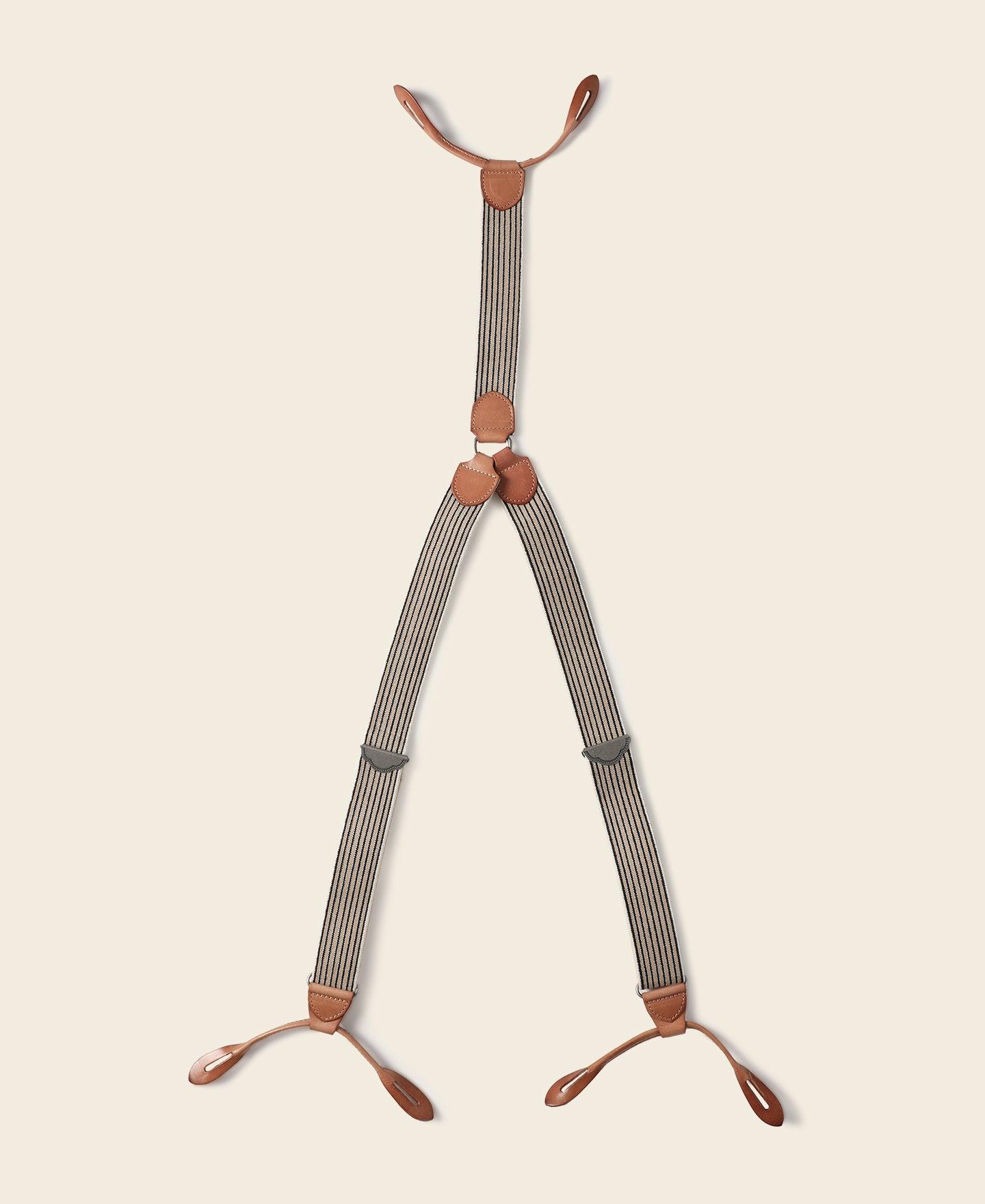 Old-Time Y-Back Leather Button Suspenders - Blue/Yellow Stripe Product Image