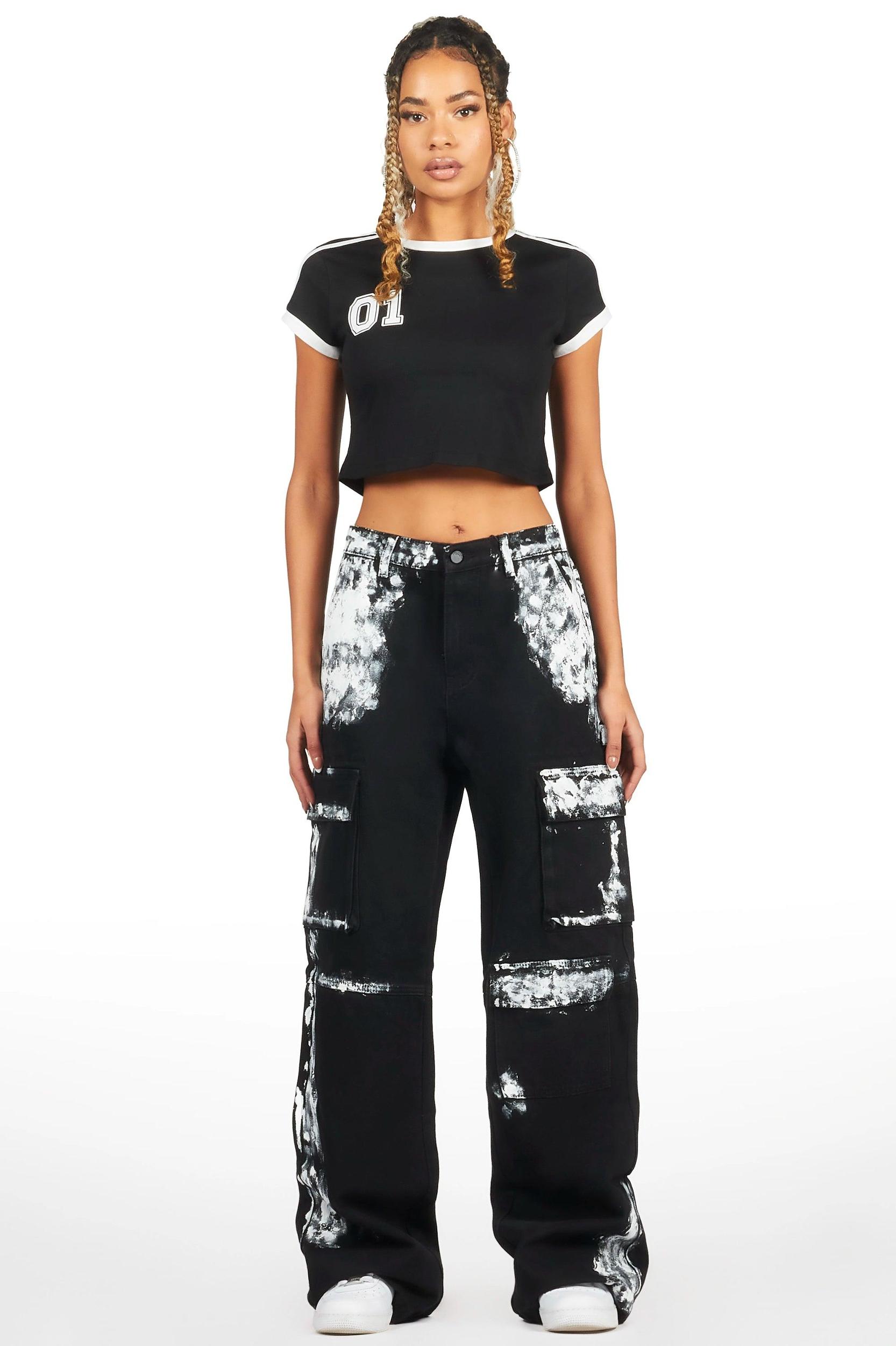 Roniqua Black Painted Baggy Cargo Jean Female Product Image