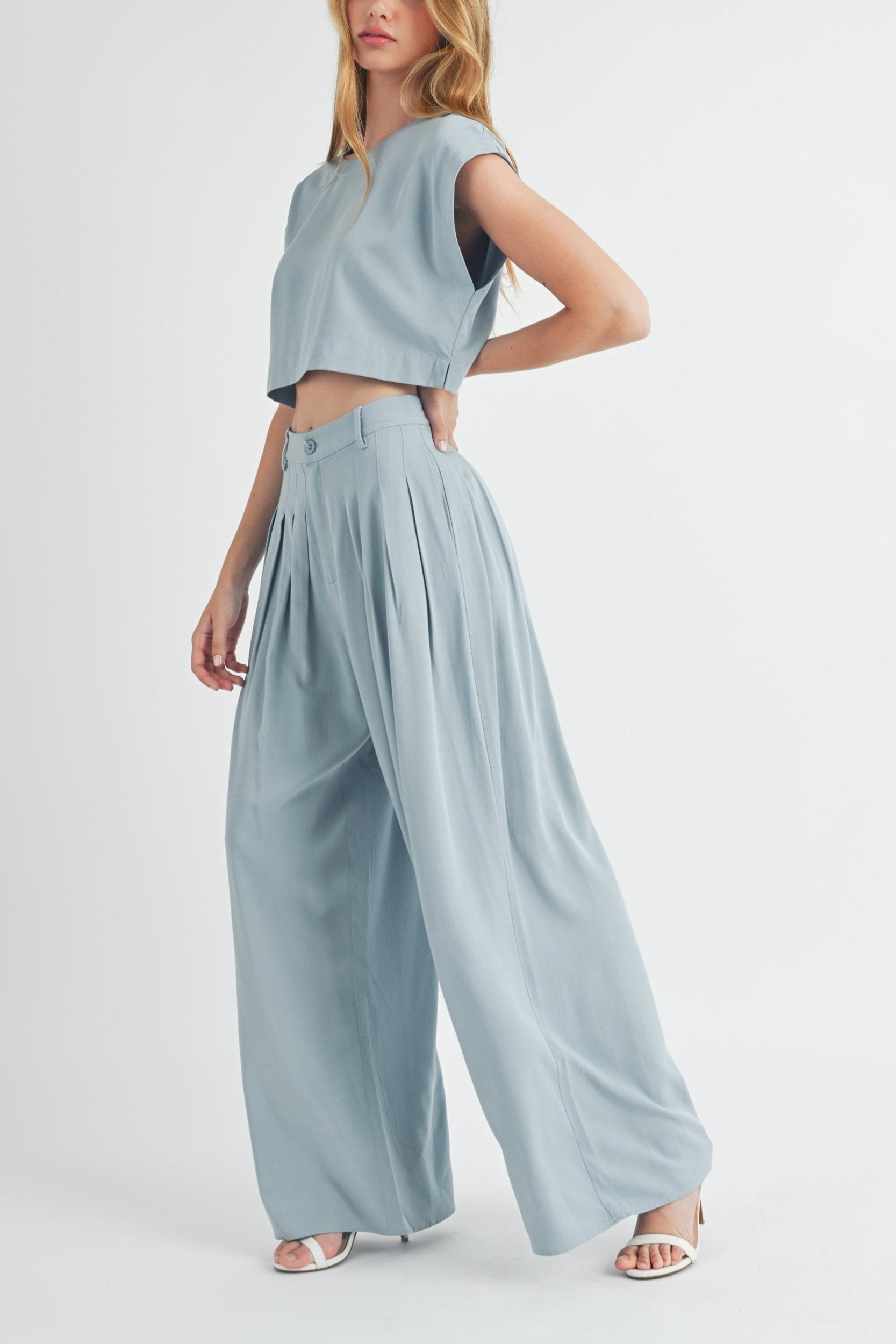 Simple Crop Top & Pleated Wide Leg Pants Product Image