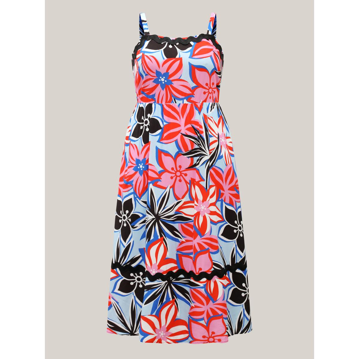 Plus Size Rayon Tropical Print Spliced Webbed Midi Dress Multicolor Women Resort Square Neck Sleeveless Curvy BloomChic 14-16/1X Product Image