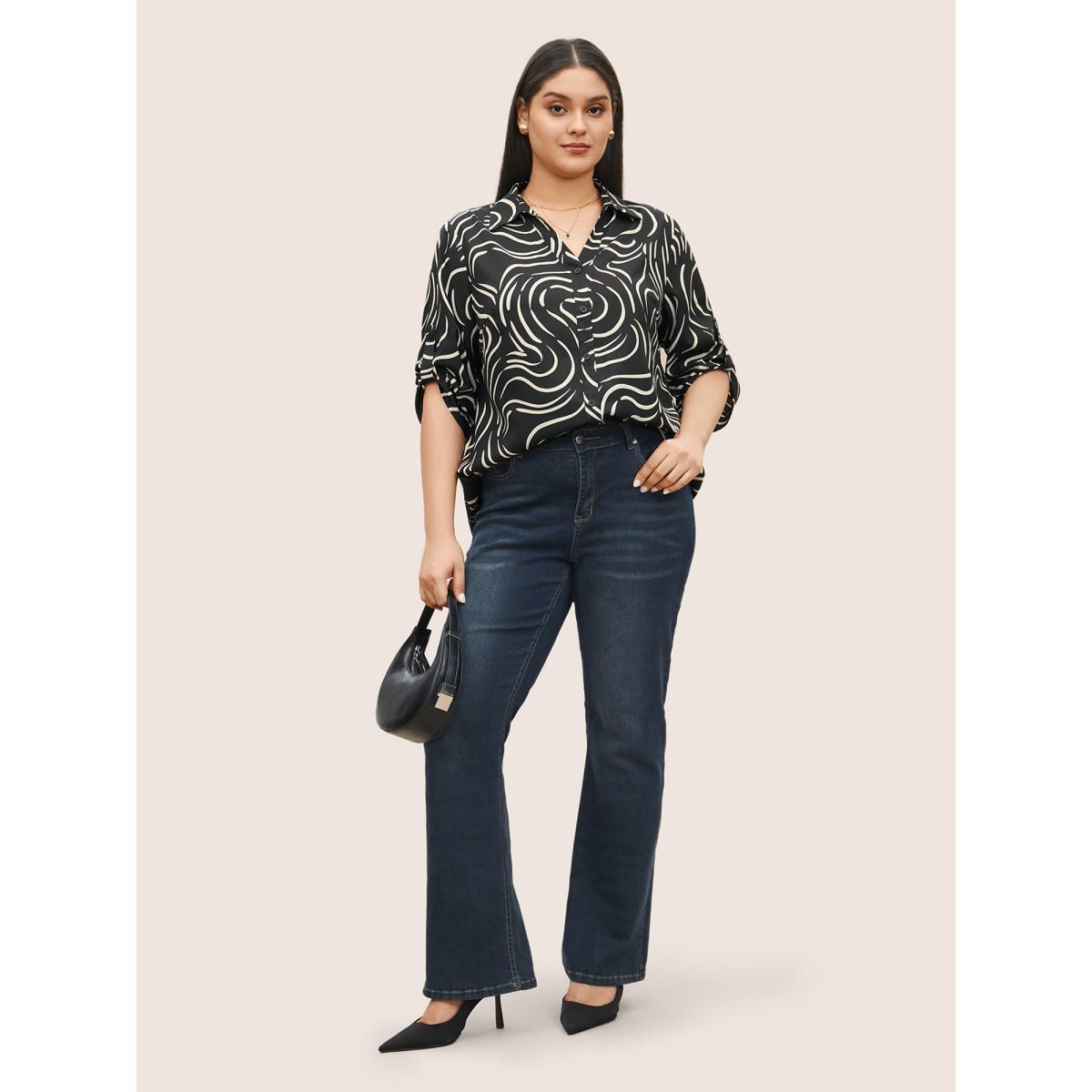 Plus Size BlackFlower Shirt Collar Stripes Button Cuff Sleeve Blouse Women At the Office Elbow-length sleeve Shirt collar Work Blouses BloomChic 14-16/1X Product Image