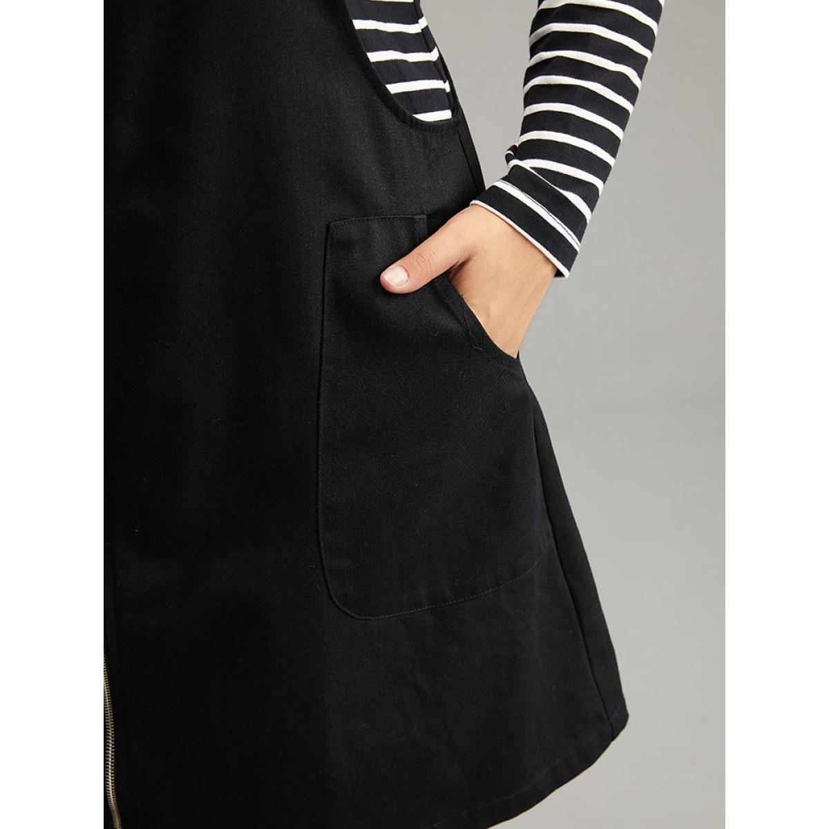 Plus Size Twill Zipper Adjustable Straps Dress Black Women Casual Adjustable Straps Spaghetti Strap Sleeveless Curvy Knee Dress BloomChic 10/M Product Image