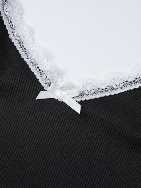 Lace Stitching V Neck Black Cami Top Product Image