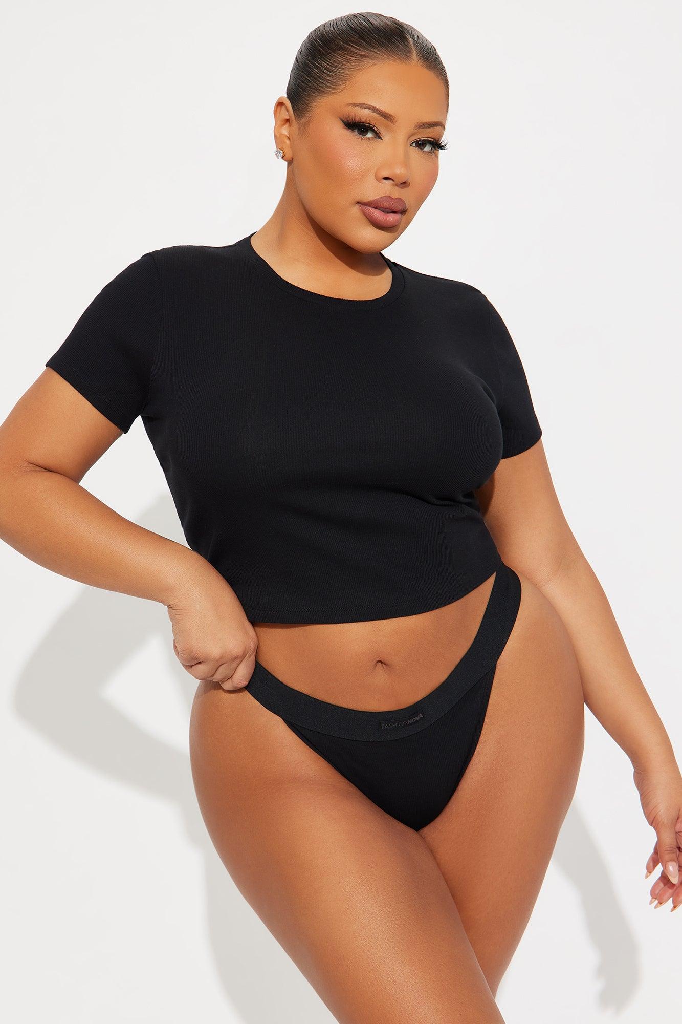 FN Mood T-Shirt And Thong 2 Piece Cotton Set - Black Female Product Image