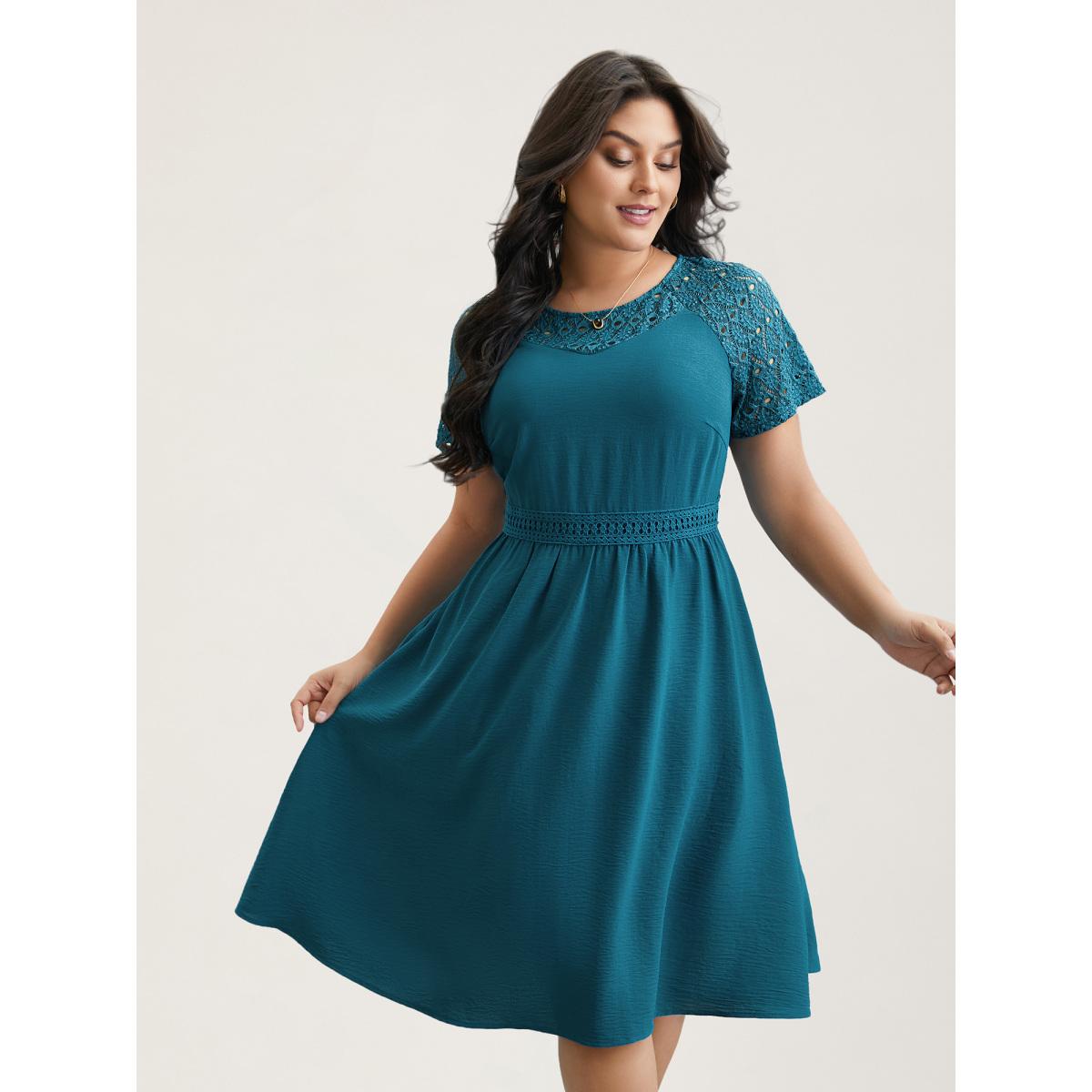 Plus Size Lace Cut-Out Raglan Sleeve Pockets Midi Dress Aegean Women Timeless Woven ribbon&lace trim Round Neck Short sleeve Curvy BloomChic 18-20/2X Product Image