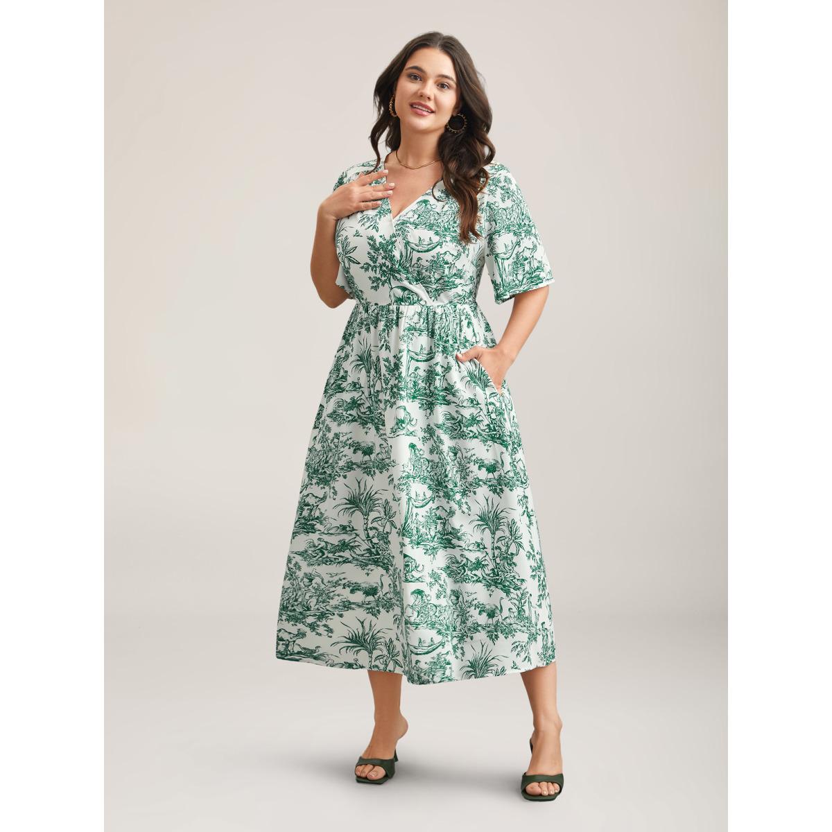 Plus Size Forest Print Waist-Cinched Surplice Neck Dress Emerald Women Elegant Non Overlap Collar Half Sleeve Curvy BloomChic 10/M Product Image