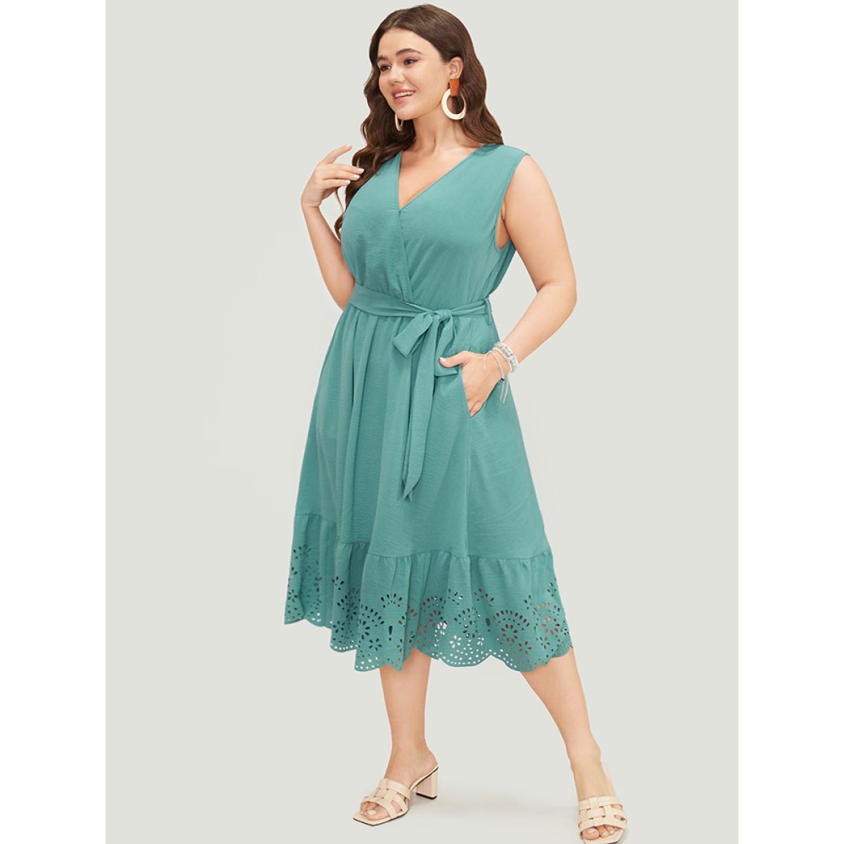 Plus Size Plain Pocket Wrap Belted Laser Cut Flutter Tank Dress Emerald Women Elegant Cross straps V-neck Sleeveless Curvy Midi Dress BloomChic 10/M Product Image