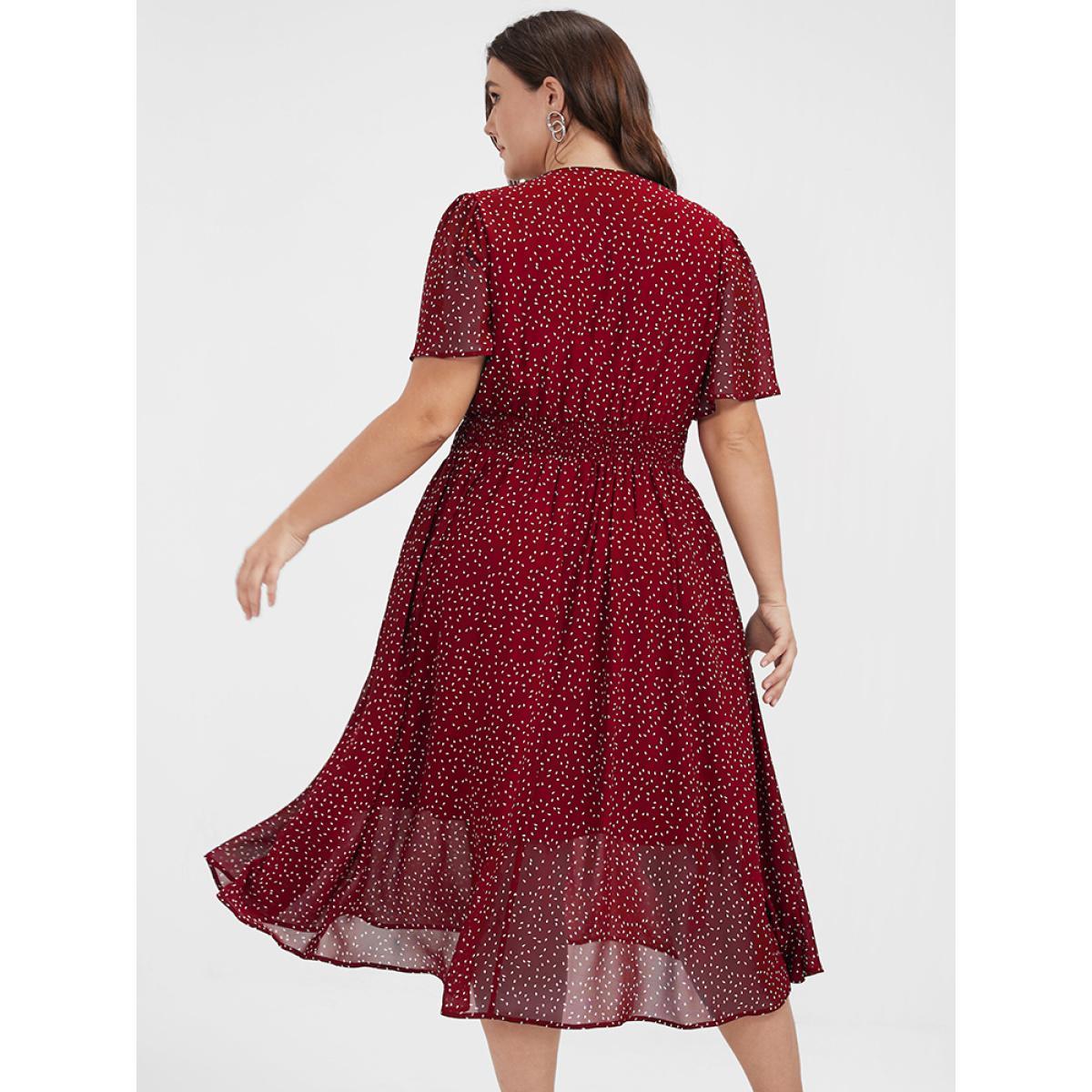 Polka Dot Button Pocket Shirred Ruffles Wrap Dress Product Image