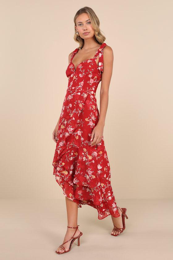 So Elevated Red Floral Jacquard Tie-Strap High-Low Midi Dress Product Image