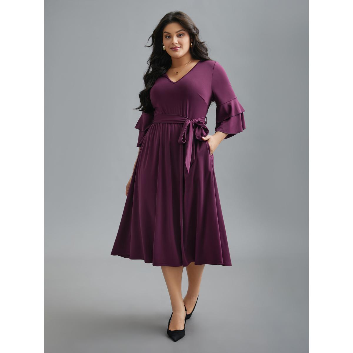 Plus Size Tiered Ruffles Belted Stretchy Waist Dress Deeppurplered Women At the Office Belted Knit Dresses Bloomchic 26/4X Product Image