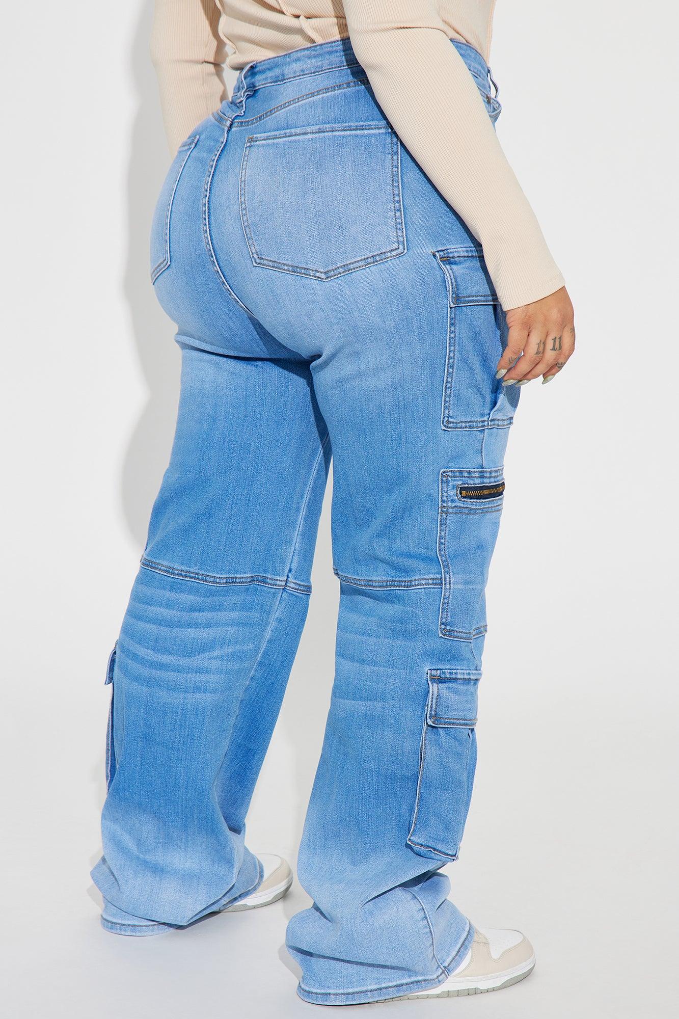 Back Talking Stretch Straight Cargo Jeans - Medium Wash Product Image