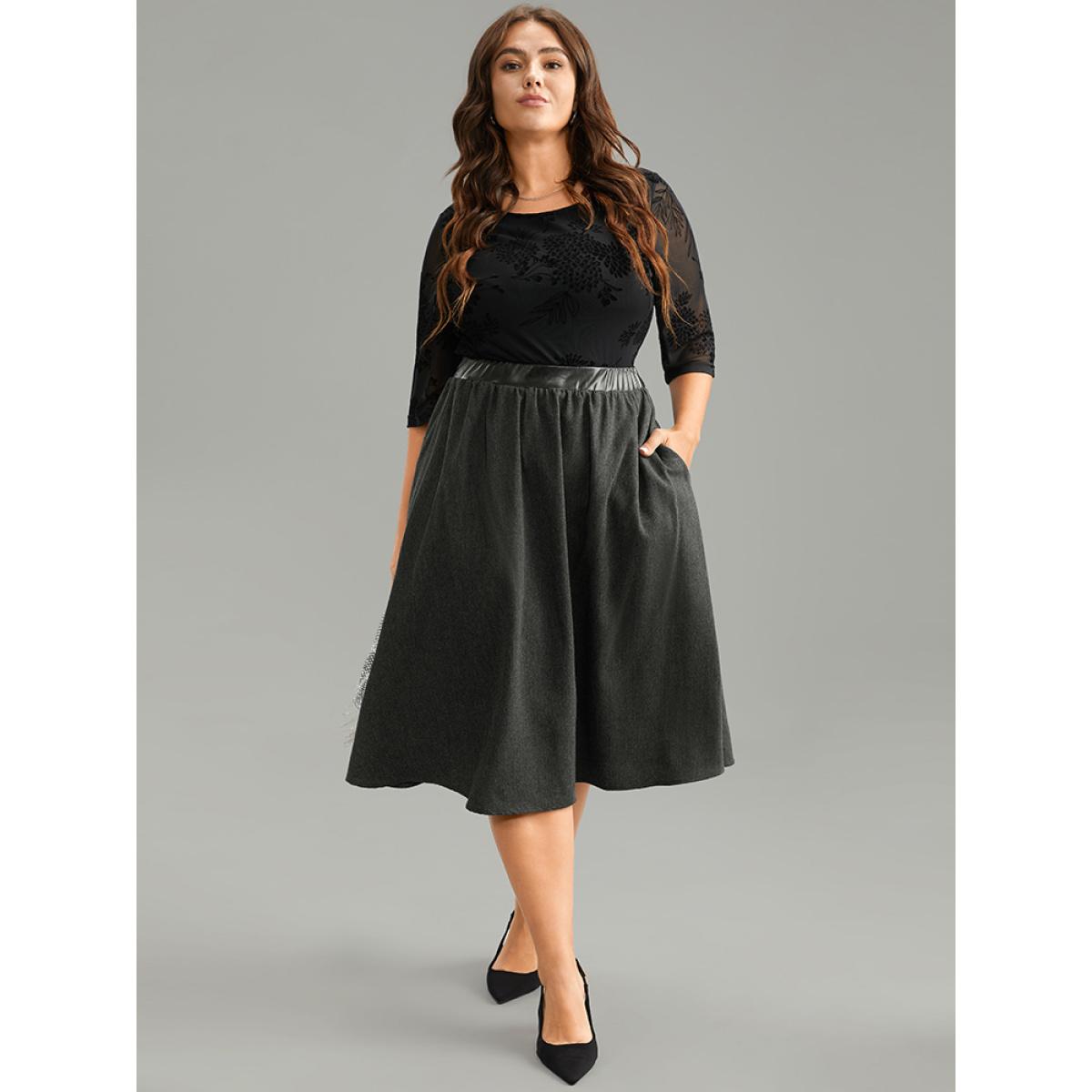 Plus Size Black Flocking Round Neck Crochet Lace Mesh T-shirt Women Office Elbow-length sleeve Round Neck Work Blouses BloomChic 18-20/2X Product Image