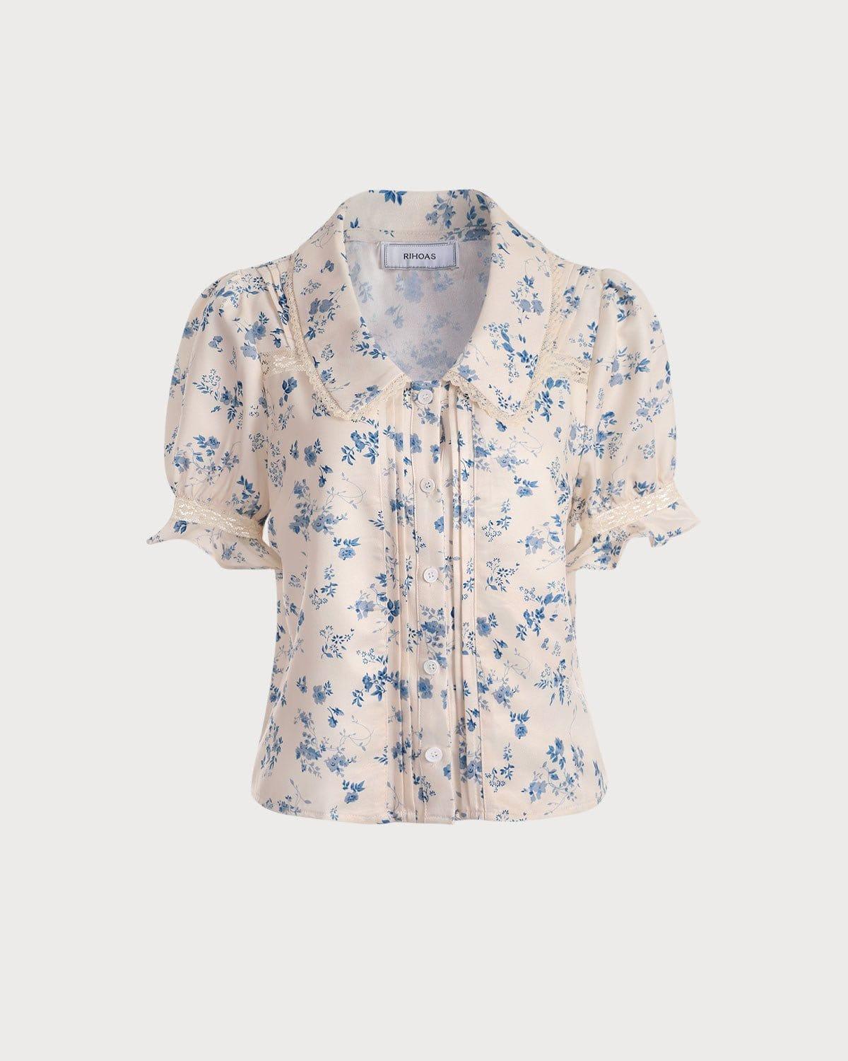 The Lace Spliced Pleated Floral Shirt Female Product Image