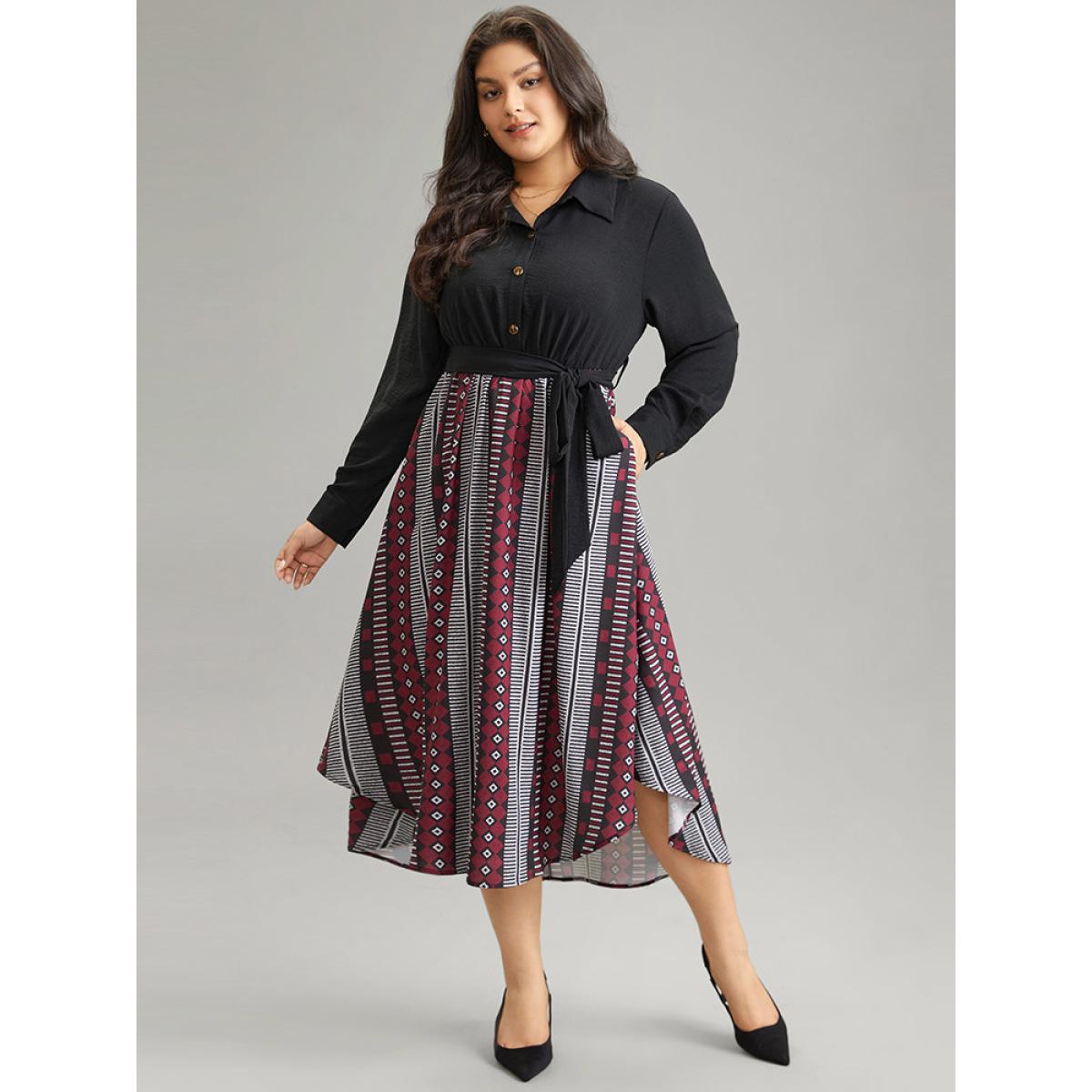 Plus Size Geometric Belted Button Up Curved Hem Dress Black Women Office Belted Shirt collar Long Sleeve Curvy Midi Dress BloomChic 28/5X Product Image