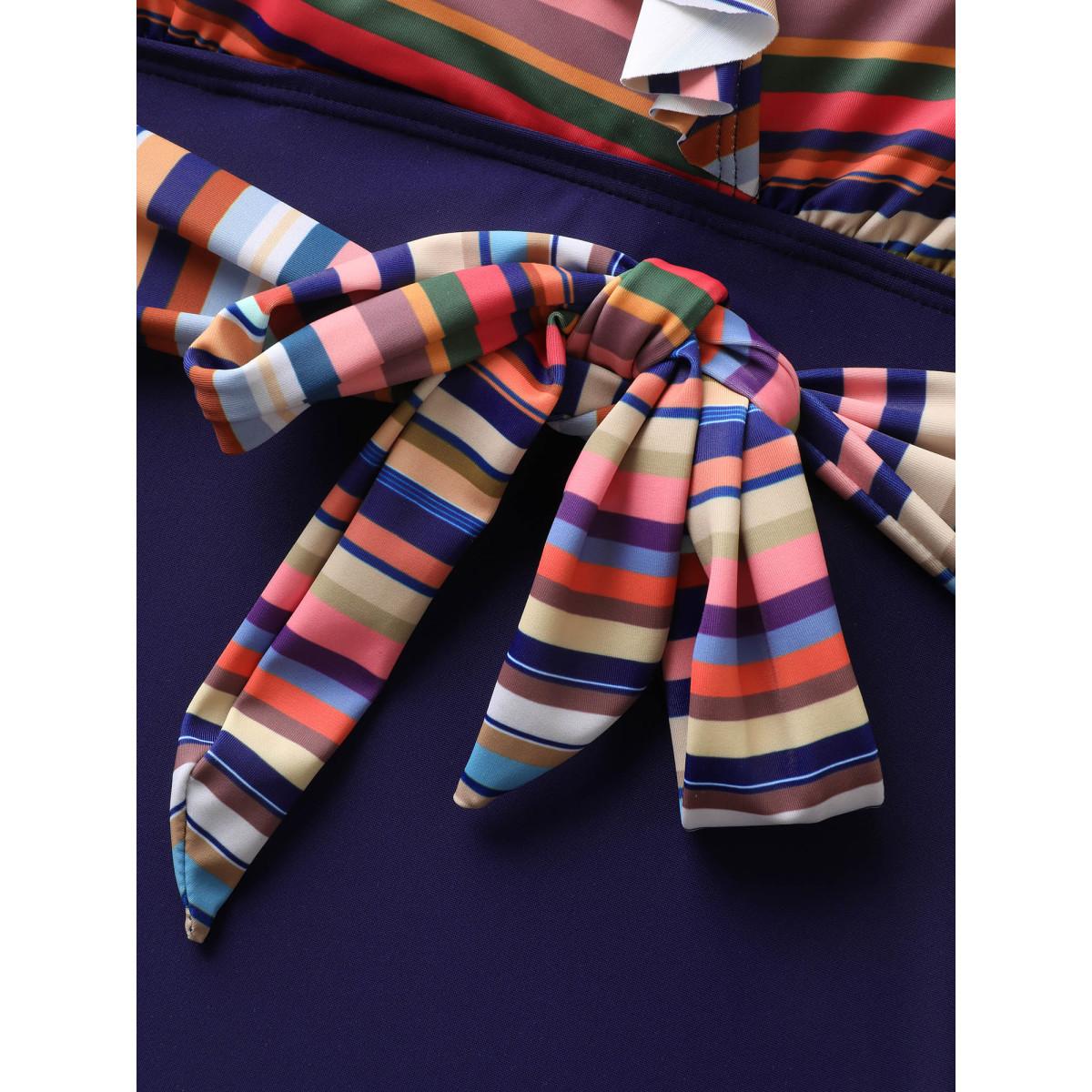 Plus Size Contrast Striped Ruffle Trim Ties One Piece Swimsuit Women's Swimwear Midnight Beach Belted Curve Bathing Suits High stretch One Pieces BloomChic 14-16/1X Product Image