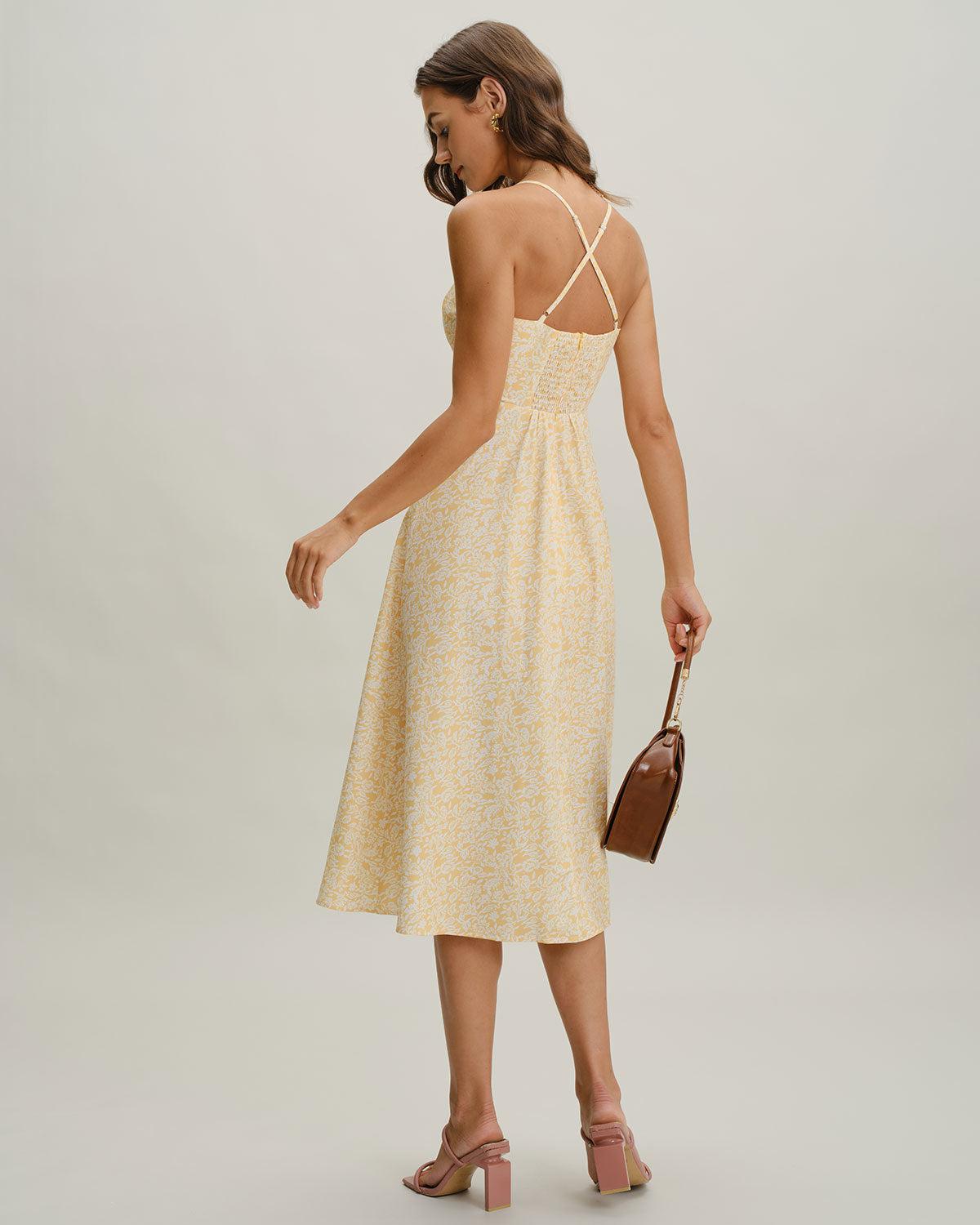 Yellow Floral Backless Slip Midi Dress Product Image