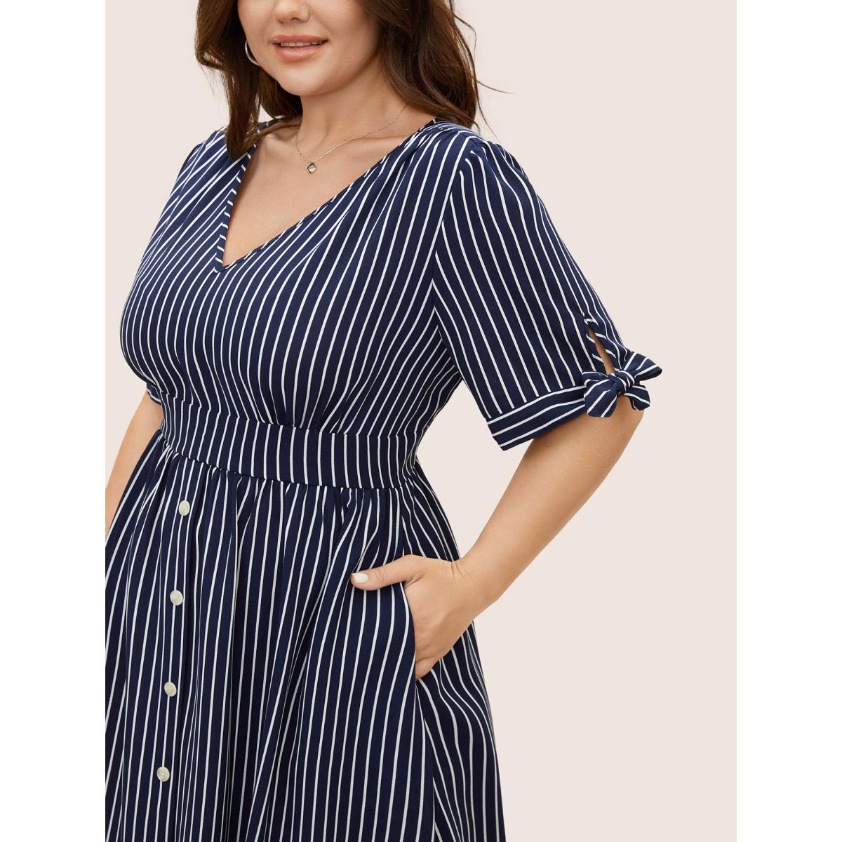 Plus Size Striped Knot Sleeve Button Detail Dress Midnight Women At the Office Tie knot V-neck Short sleeve Curvy BloomChic 26/4X Product Image