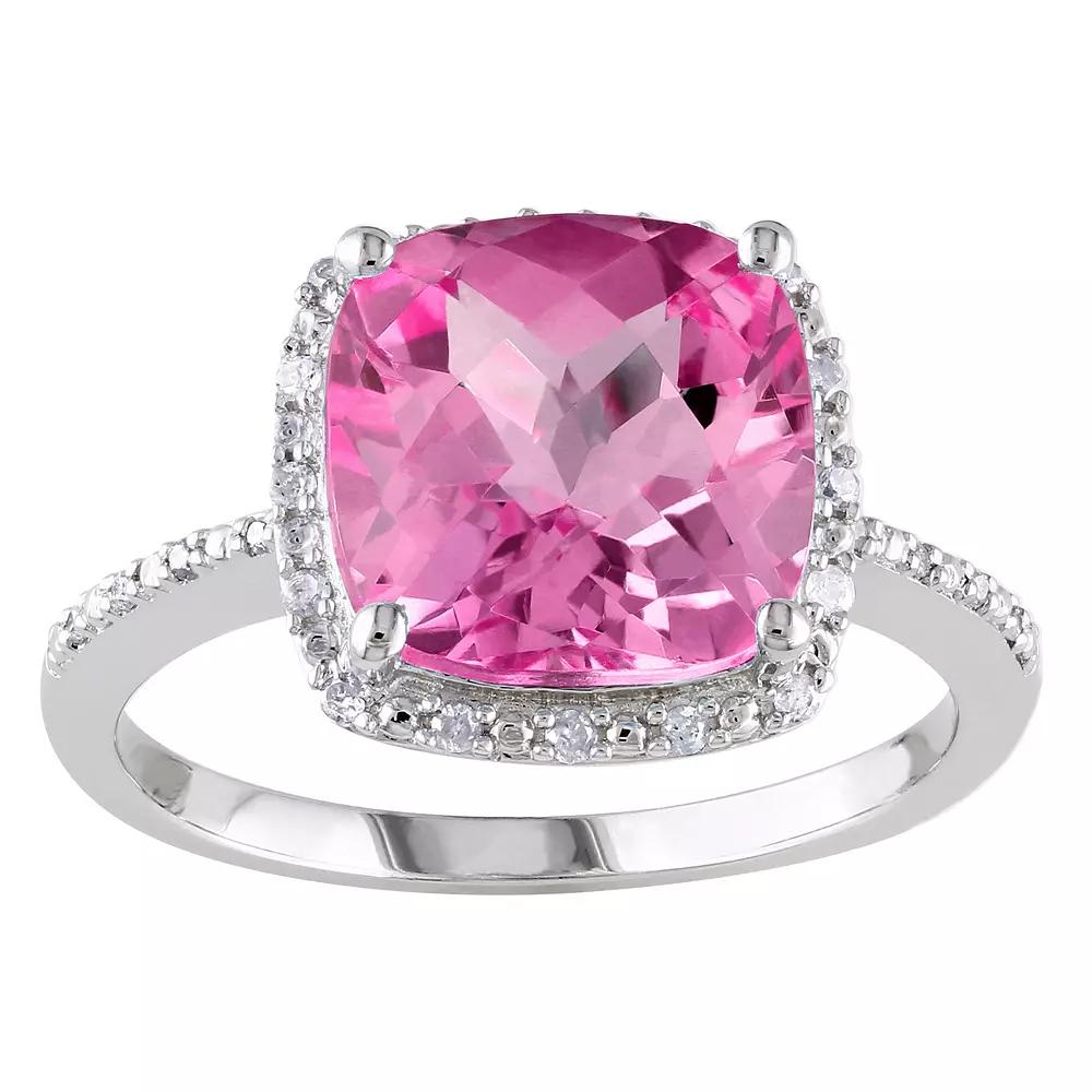 Stella Grace Sterling Silver Lab Created Pink Sapphire & 1/10 Carat T.W. Diamond Halo Ring, Women's,  Product Image