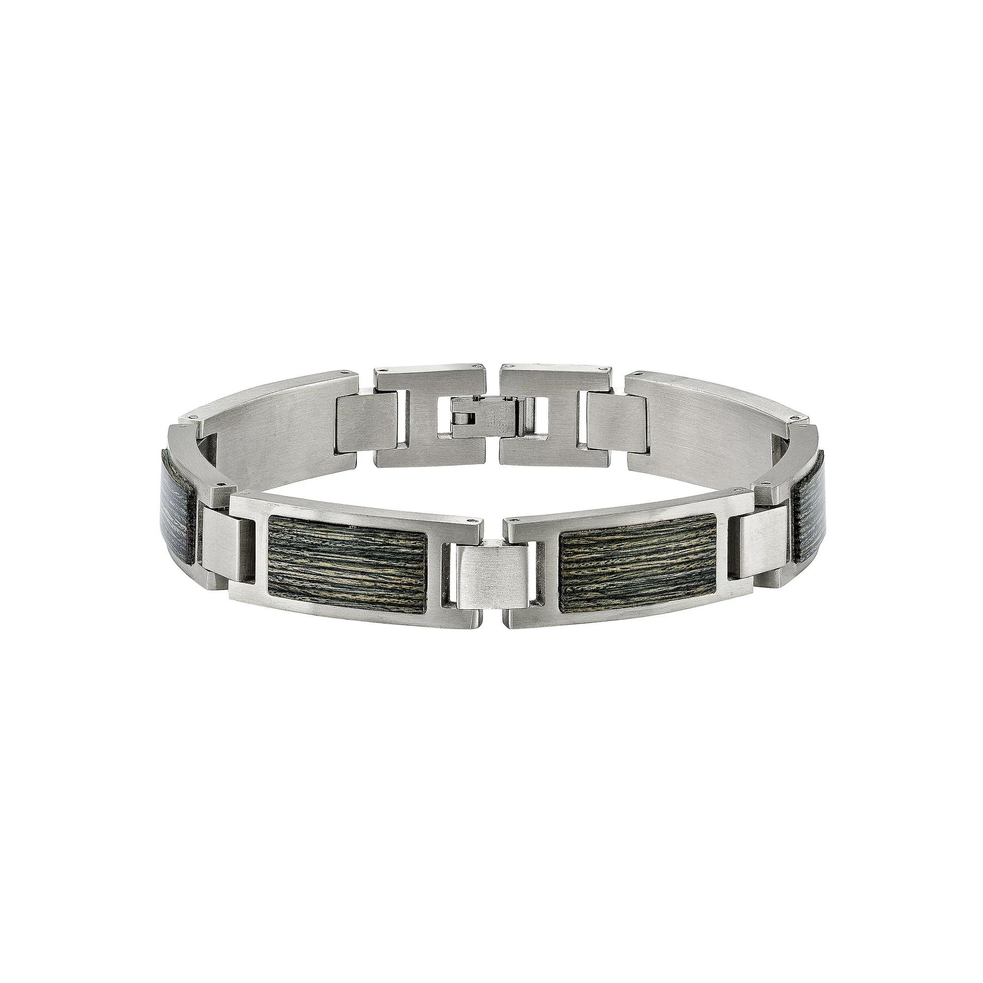 Mens Brushed Stainless Steel Grey Wood Inlay Bracelet Product Image