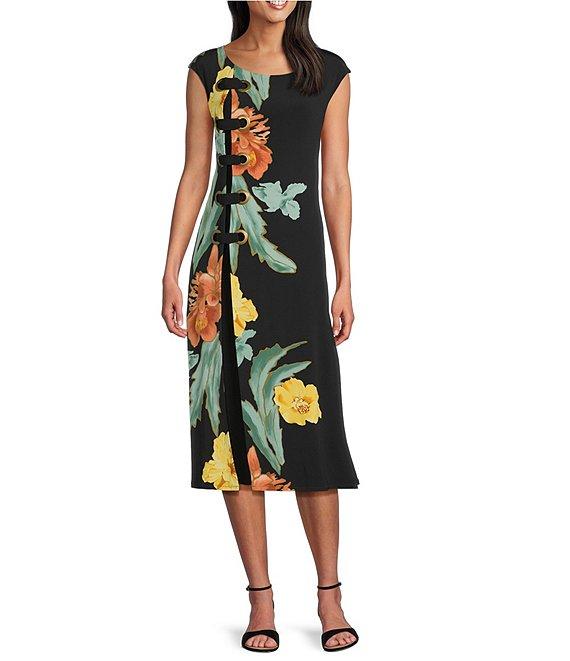 Eva Varro Double Layer Floral Motif Boat Neck Cap Sleeve Grommet A-Line Midi Dress Product Image