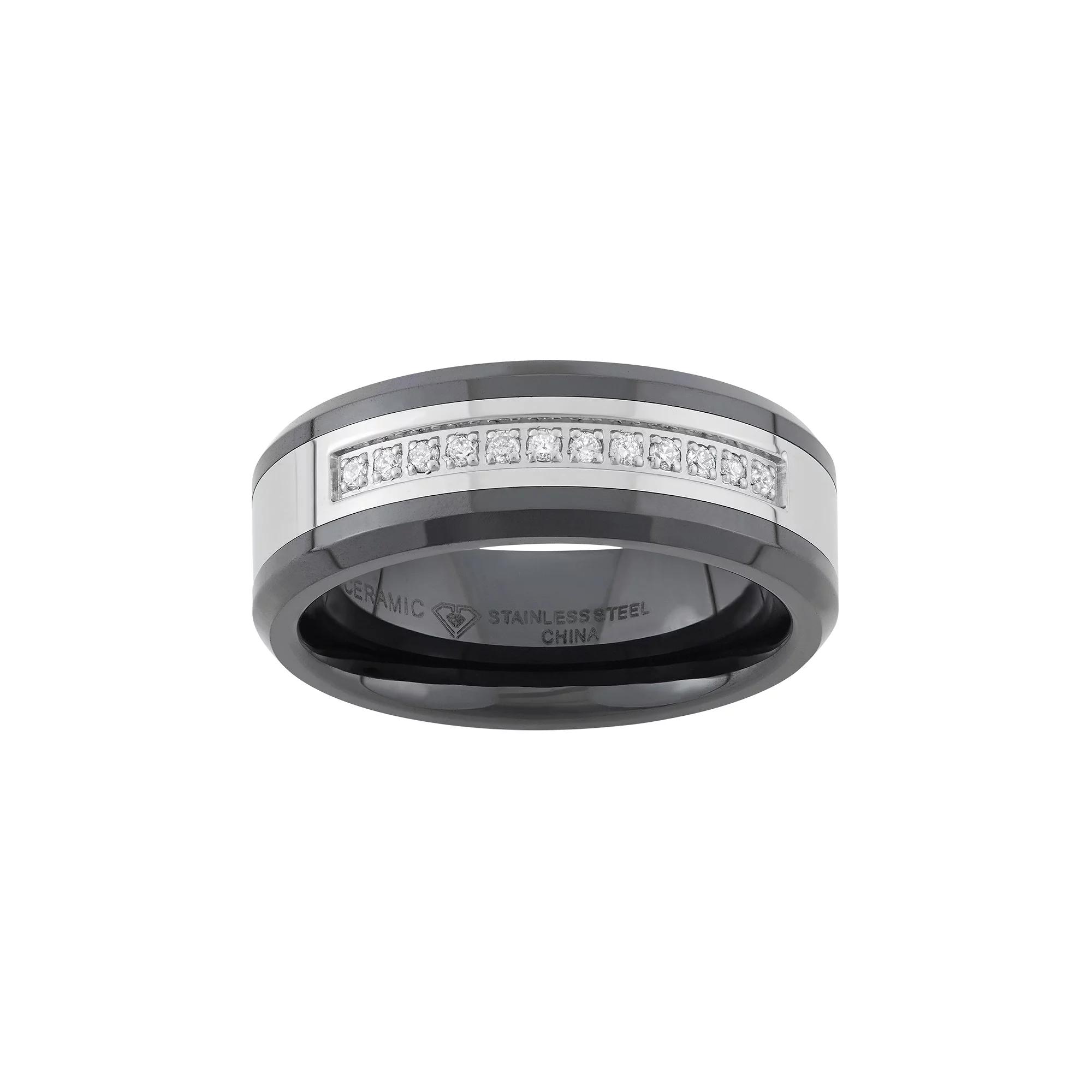 1/6 Carat T.W. Stainless Steel and Black Ceramic Wedding Band - Men, Mens Product Image