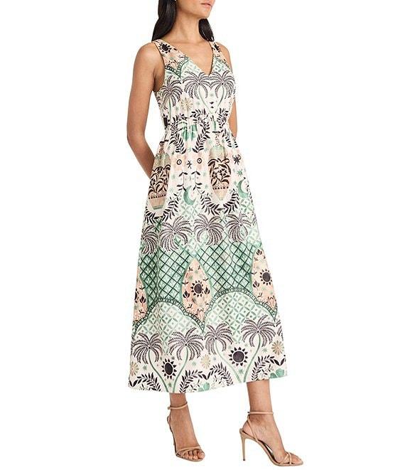Maggy London Woven V-Neck Sleeveless Tropical Print Midi A-Line Dress Product Image