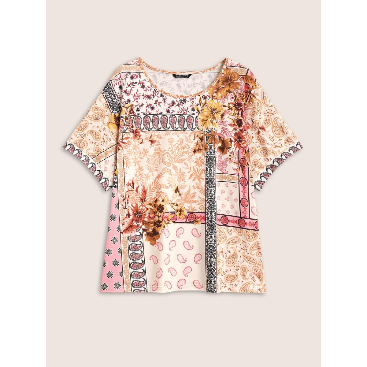 Plus Size Round Neck Boho Print Patchwork T-shirt Multicolor Women Casual Contrast Art&design Round Neck Everyday T-shirts BloomChic 10/M Product Image