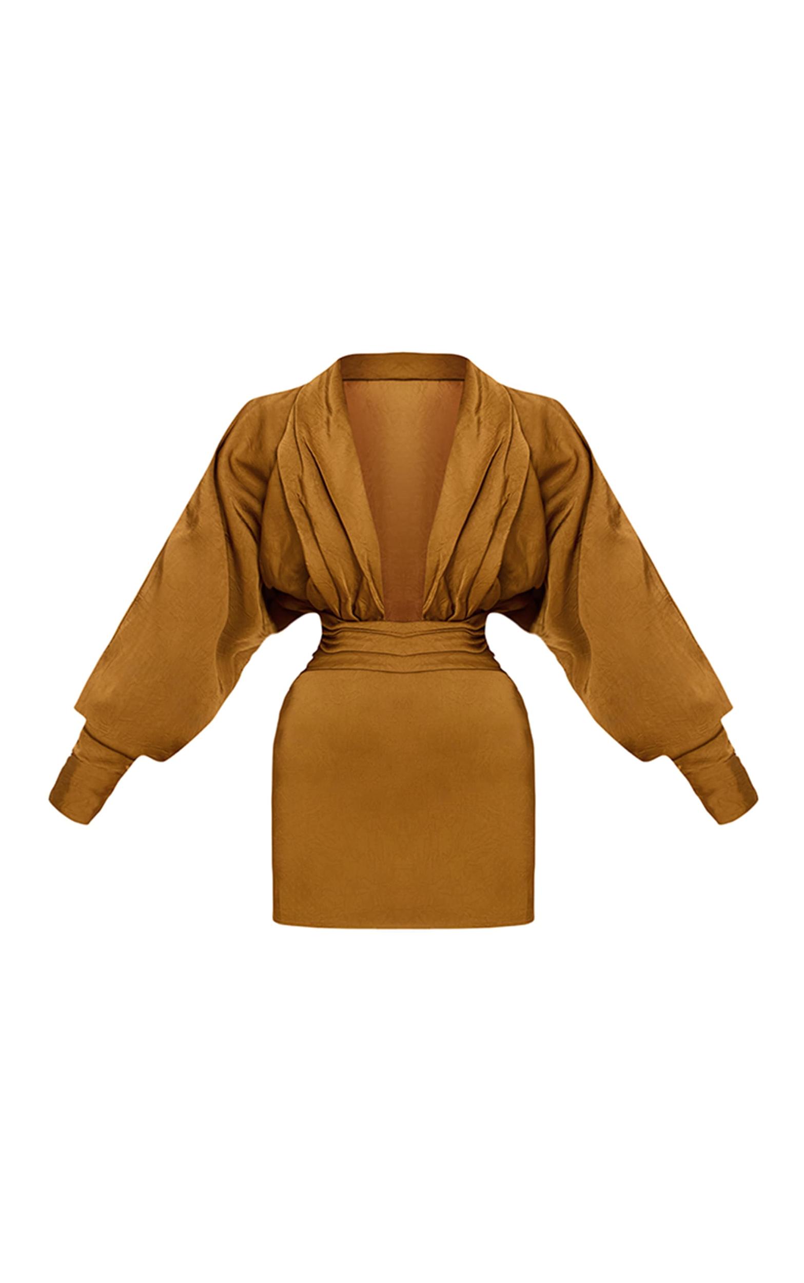 PLT Label Gold Hammered Satin Long Sleeve Plunge Mini Dress Product Image