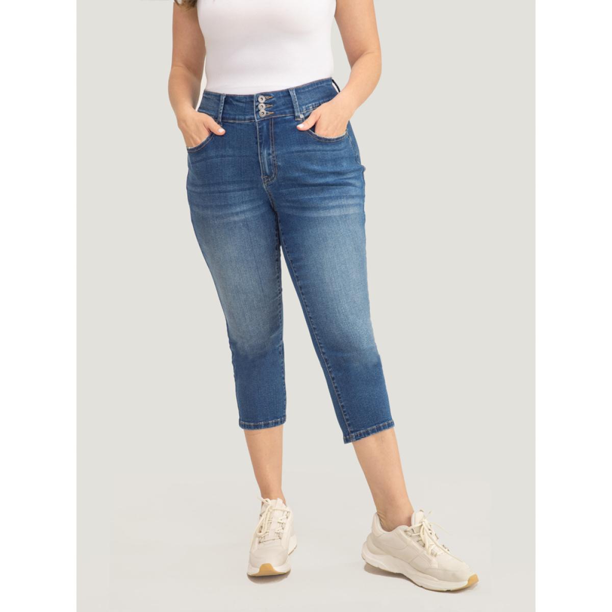 Plus Size Very Stretchy High Rise Medium Wash Cropped Jeans Women Blue Casual Plain High stretch Jeans BloomChic 22/3X Product Image