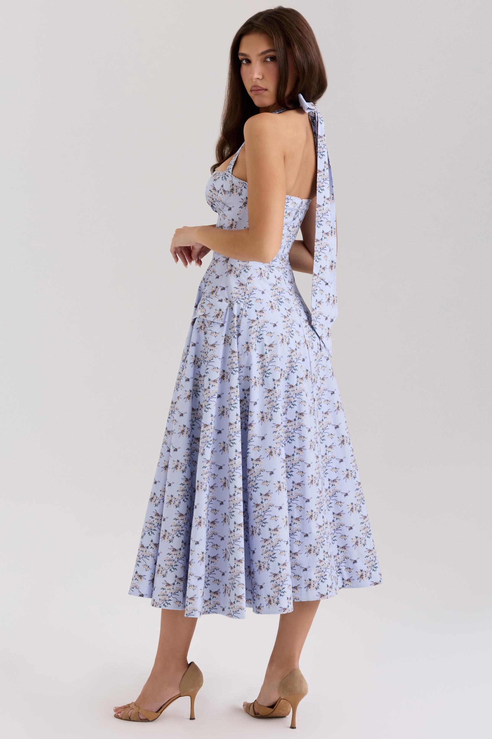 Claudia  blue floral print stretch cotton halter neck midi dress Product Image