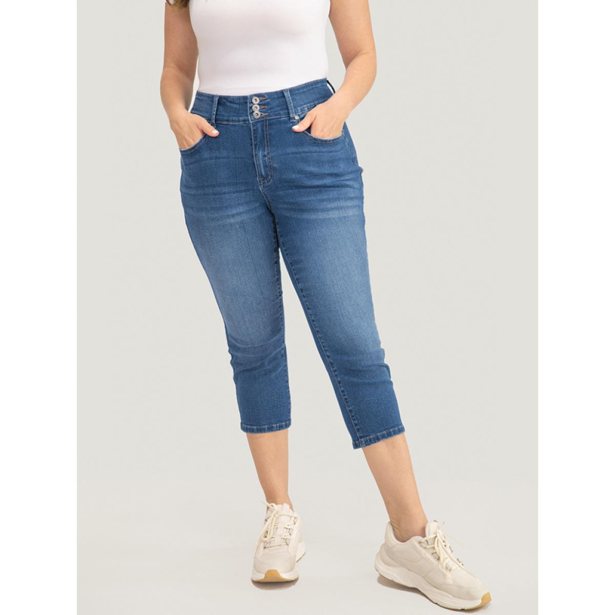 Plus Size Very Stretchy High Rise Medium Wash Cropped Jeans Women Cerulean Casual Plain High stretch Jeans BloomChic 28/5X Product Image
