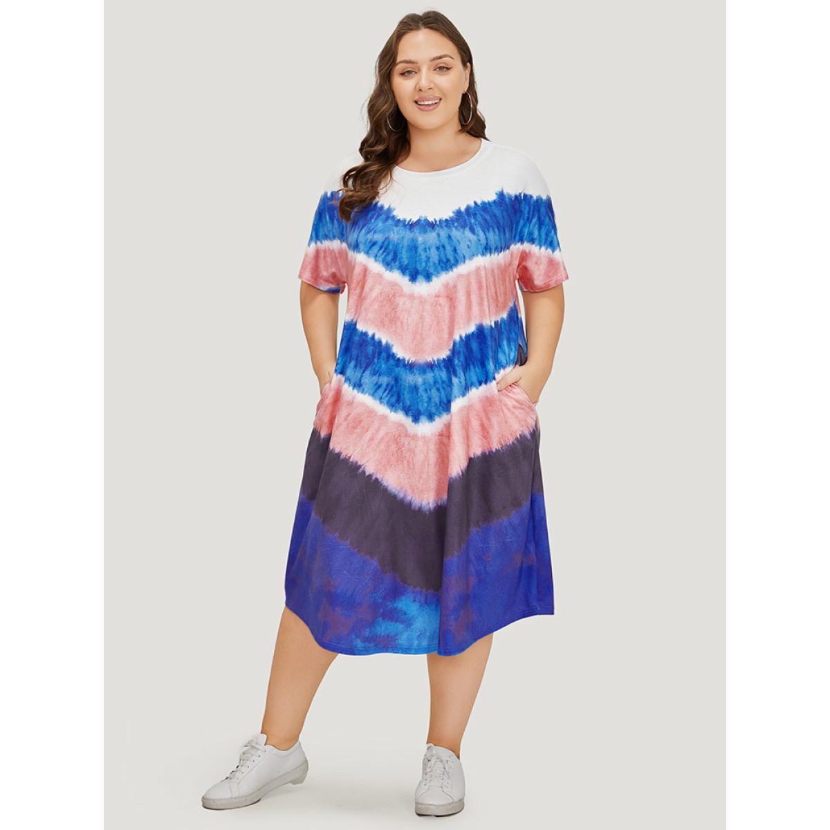 Plus Size Geometric Contrast Pocket Tie Dye Midi Dress Multicolor Women Casual Printed Round Neck Short sleeve Curvy Midi Dress BloomChic 14-16/1X Product Image