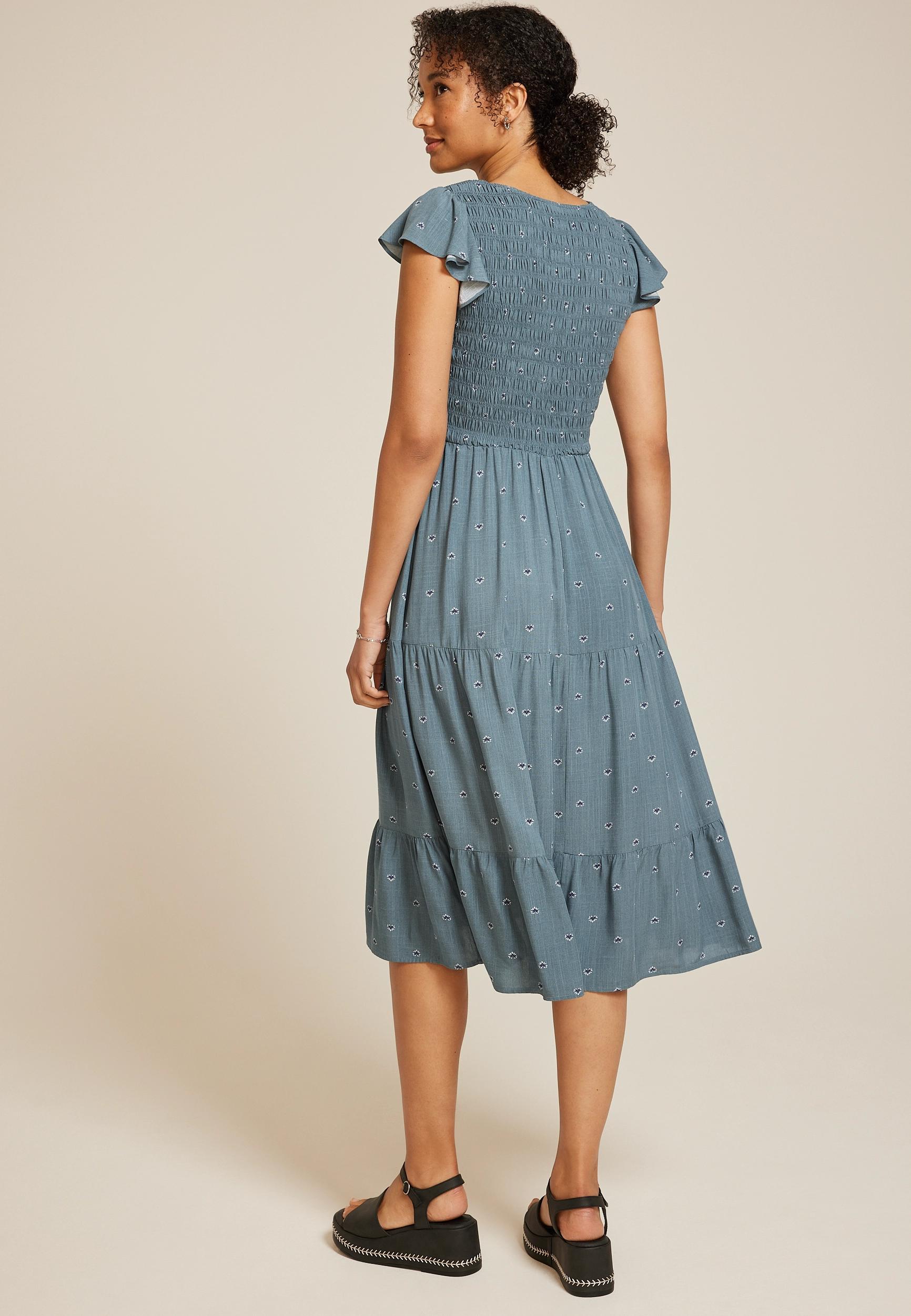 Printed Flutter Sleeve Smocked Midi Dress Product Image