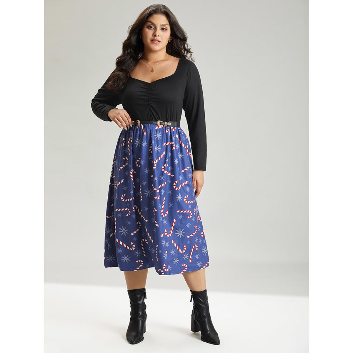 Plus Size Snowflake & Christmas Candy Print Pocket Ruched Dress DarkBlue Women Elegant Gathered Square Neck Long Sleeve Curvy Midi Dress BloomChic 30/6X Product Image