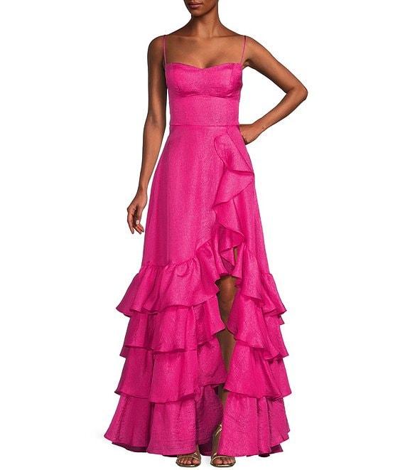 B. Darlin Crepe Organza Sweetheart Neck Spaghetti Strap Cascading Tiered Ruffle Hem Side Slit Lace Up Back Dress Product Image